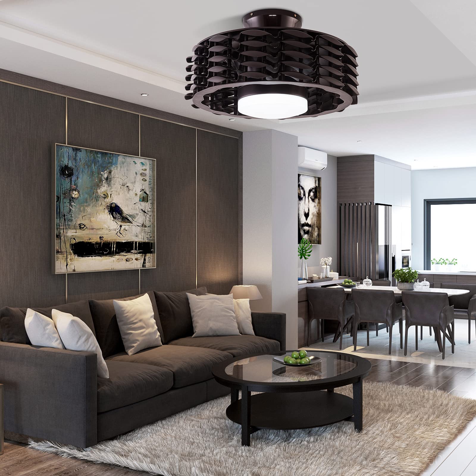 22'' Bladeless Ceiling Fan with Light - 3 Color & 6 Speed Dimmable LED, Remote Control, Modern Semi-Flush Mount Fandelier for Living Room, Bedroom, Office - Ultra Quiet DC Motor, Brown Finish - Perfect for Home Cooling & Stylish Lighting