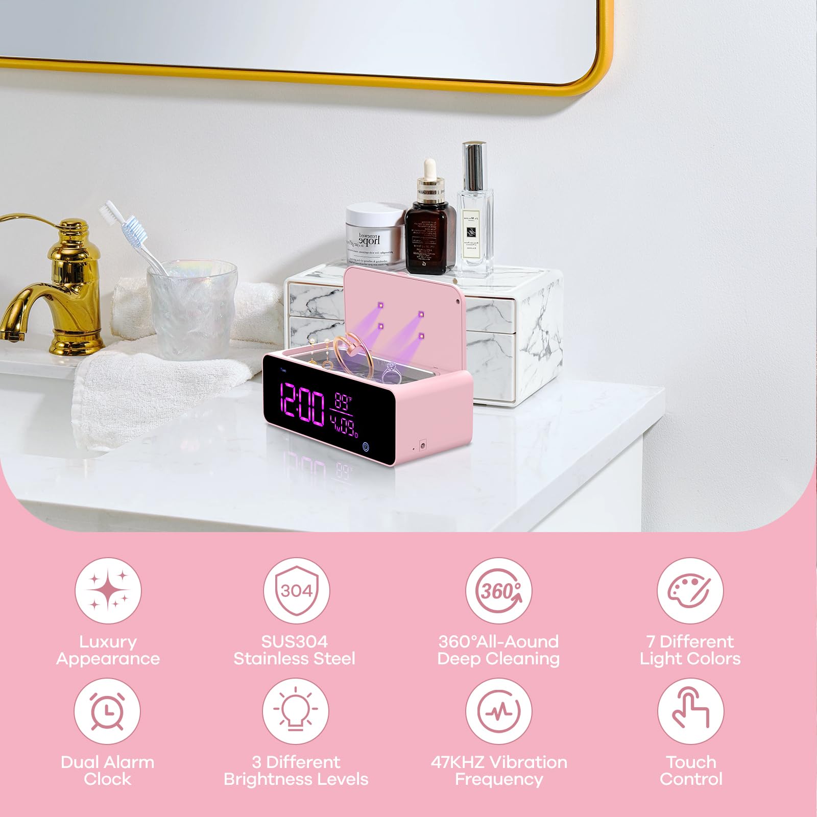 Professional Jewelry Cleaner Machine - 48KHz/24W Ultrasonic Cleaner with 500ml Stainless Steel Tank & LED Display | Perfect for Jewelry, Rings, Diamonds, Watches & Eyeglasses | Compact Tabletop Design with Alarm Clock (Pink) - Ideal for Home Use, Jewelry Stores & Gift Shops