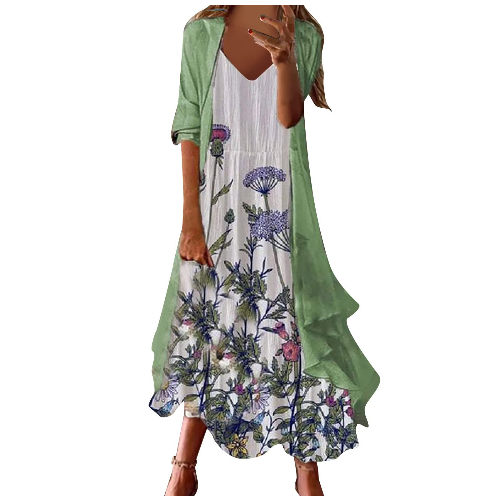Women's Casual Fashion Print V-Neck Two Piece Set - Summer Maxi Dress in Mint Green (XXL) | Beach Outfit, Vacation Wear, Boho Chic Style