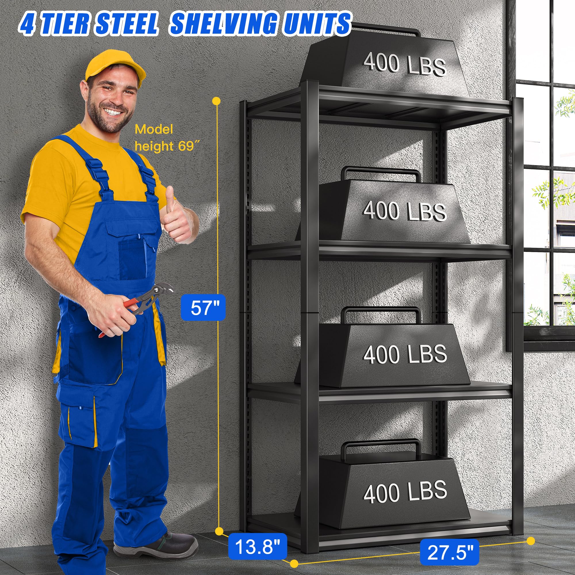 Raybee Heavy Duty 4-Tier Garage Shelving Unit - 1800LBS Capacity Adjustable Metal Storage Shelves for Kitchen, Pantry & Industrial Use (4 Pack) - Perfect for Organizing Tools, Supplies & Bulk Items