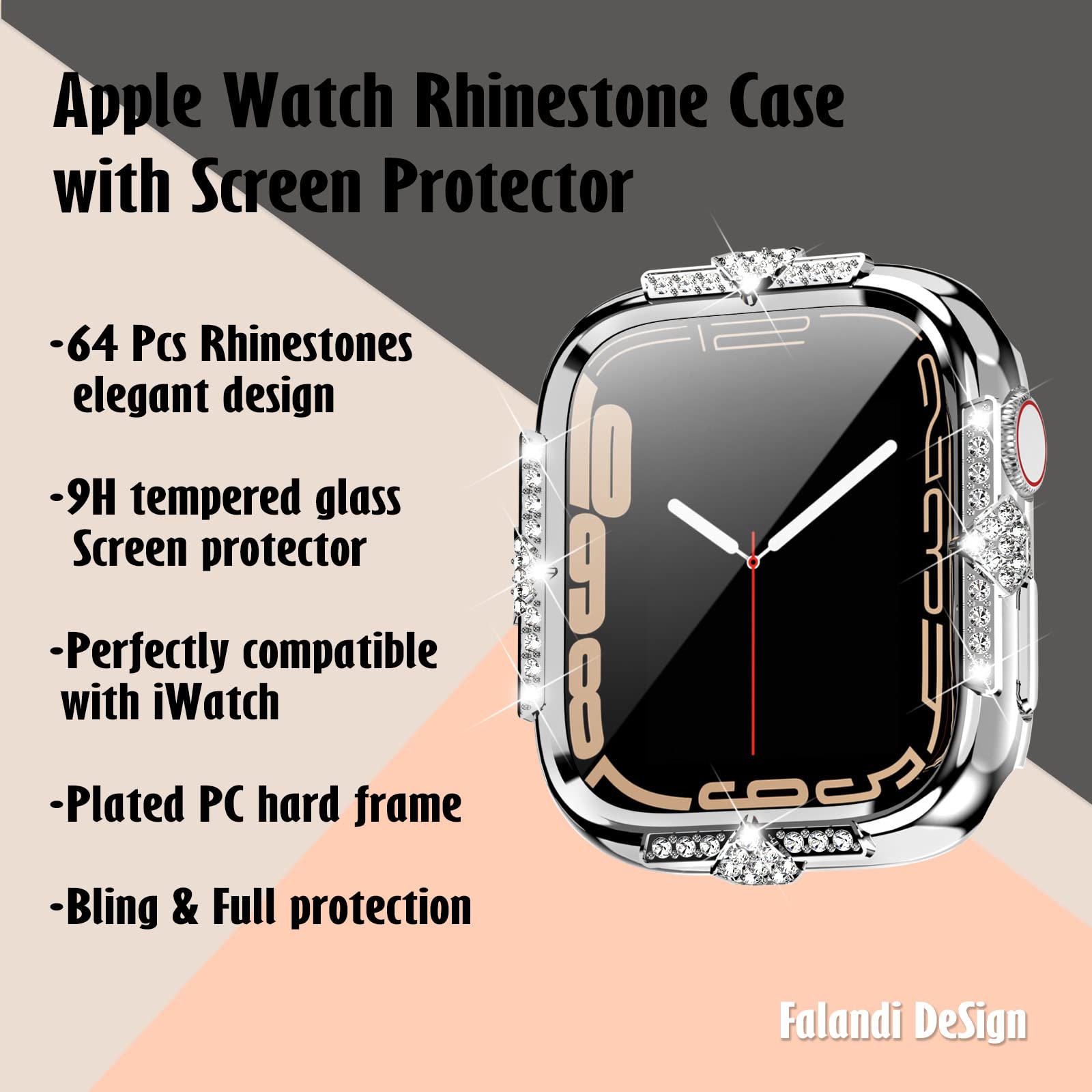 Hard Case for Apple Watch Series 8/7 41mm - Rhinestone Protective Cover with Built-in Glass Screen Protector - Diamond iWatch Face Cover for Women - Silver (Ideal for Workouts, Parties & Everyday Wear)