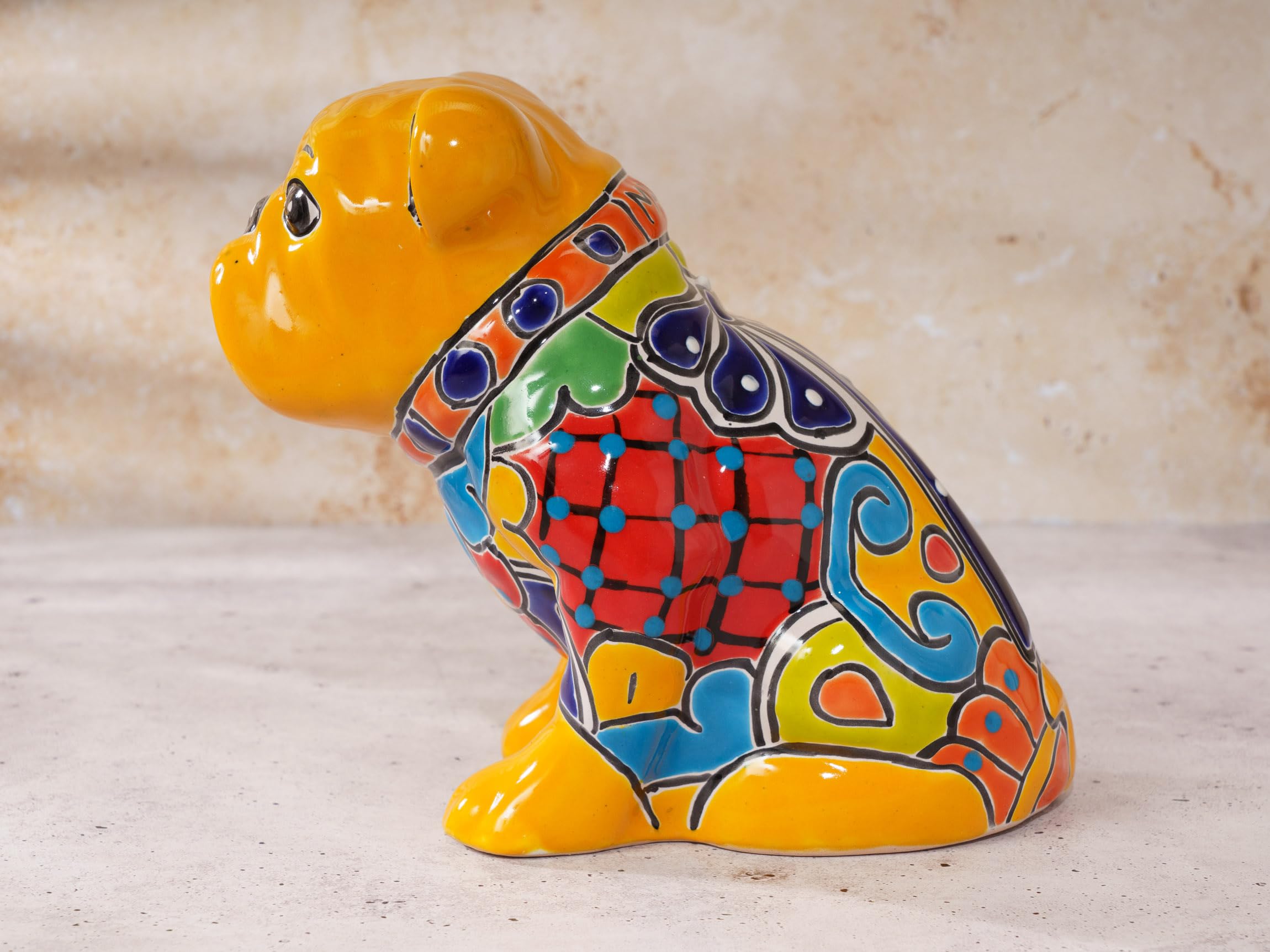 Authentic Talavera Mexican Ceramic Day of The Dead Dog Statue - Día de Muertos Sculpture for Halloween & Garden Decor - Dachshund, Boston Terrier, Chihuahua Puppies Collection (Bulldog Marigold, Medium 8.5