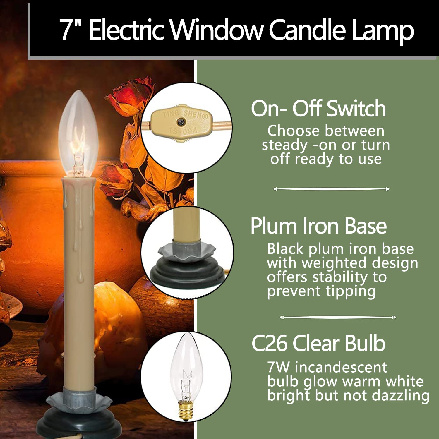 4 Pack Electric Window Candle Lights - 7 Inch Flameless LED Candles with 7W C26 Bulbs, Black Wood Plum Iron Base & Ivory Wire On/Off Switch - Perfect for Christmas Decor, Home, Wedding, and Holiday Lighting