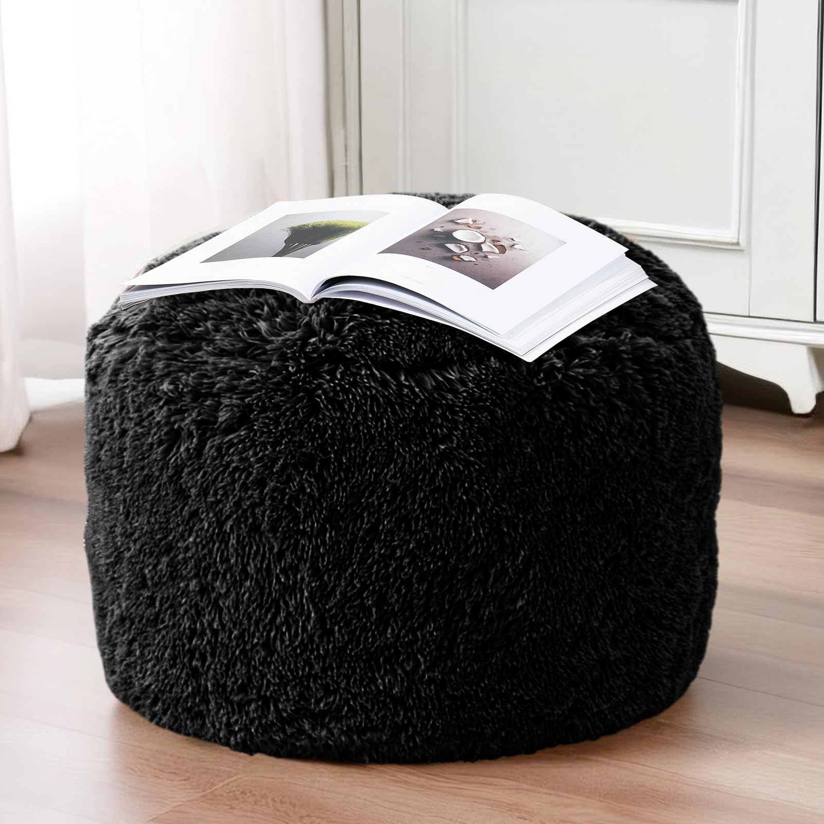 MAXYOYO Round Stuffed Pouf Ottoman - Long Faux Fur Footrest with Foam Chunk Filling, Black - Perfect for Living Room, Bedroom & Nursery Decor