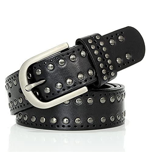 Punk Style Women's Rivet Belt - Genuine Leather Vintage Cowhide Strap for Jeans (Black, 95cm) | Perfect for Casual Outfits, Rock Style & Everyday Wear