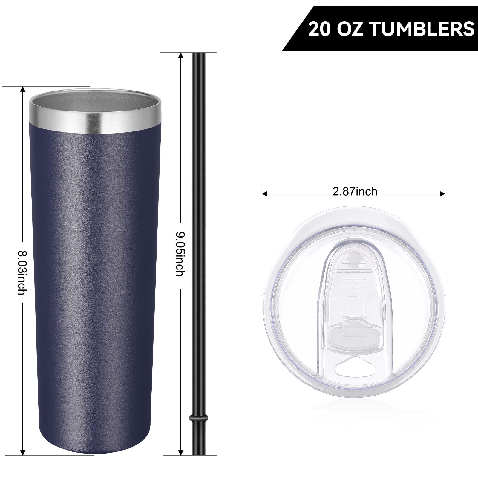 VEGOND 12 Pack 20 oz Stainless Steel Tumblers - Vacuum Insulated Skinny Travel Mugs with Lids & Straws, Double Wall Coffee Cup, Navy Blue - Perfect for Office, Gym, Camping & Outdoor Activities