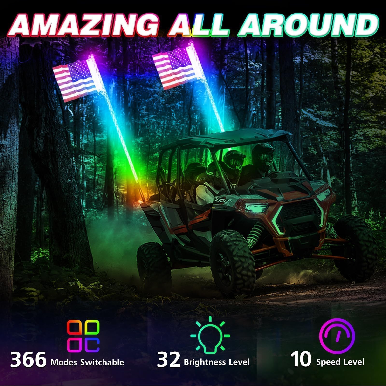 AKD 2Pcs 5FT RGB LED Whip Lights for UTV ATV SXS - Remote Control Spiral Chasing Lights with Flags | Compatible with Polaris RZR, Can-Am, Kawasaki, Honda, Yamaha | Perfect for Off-Roading, Night Rides & Boat Parties