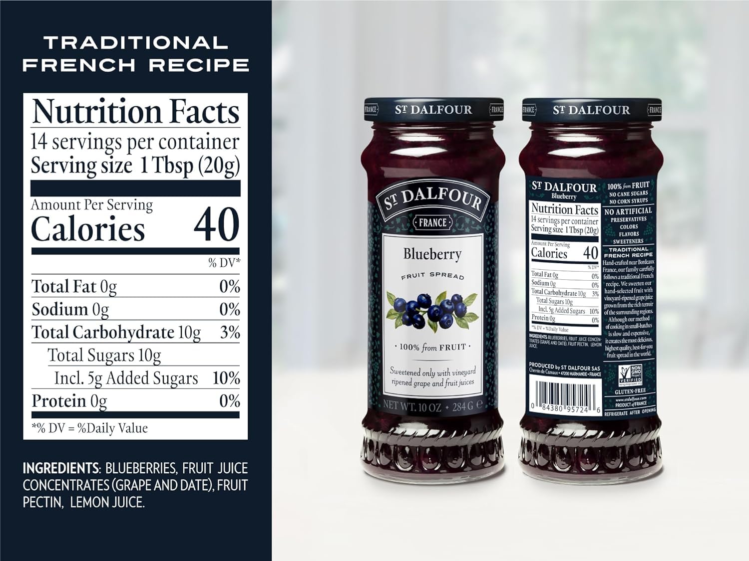 St. Dalfour Organic French Fruit Spread Bundle - 100% Natural Strawberry, Blueberry & Four Fruits Preserves (10 oz Each) | No Artificial Ingredients | Perfect for Toast, Yogurt & Baking