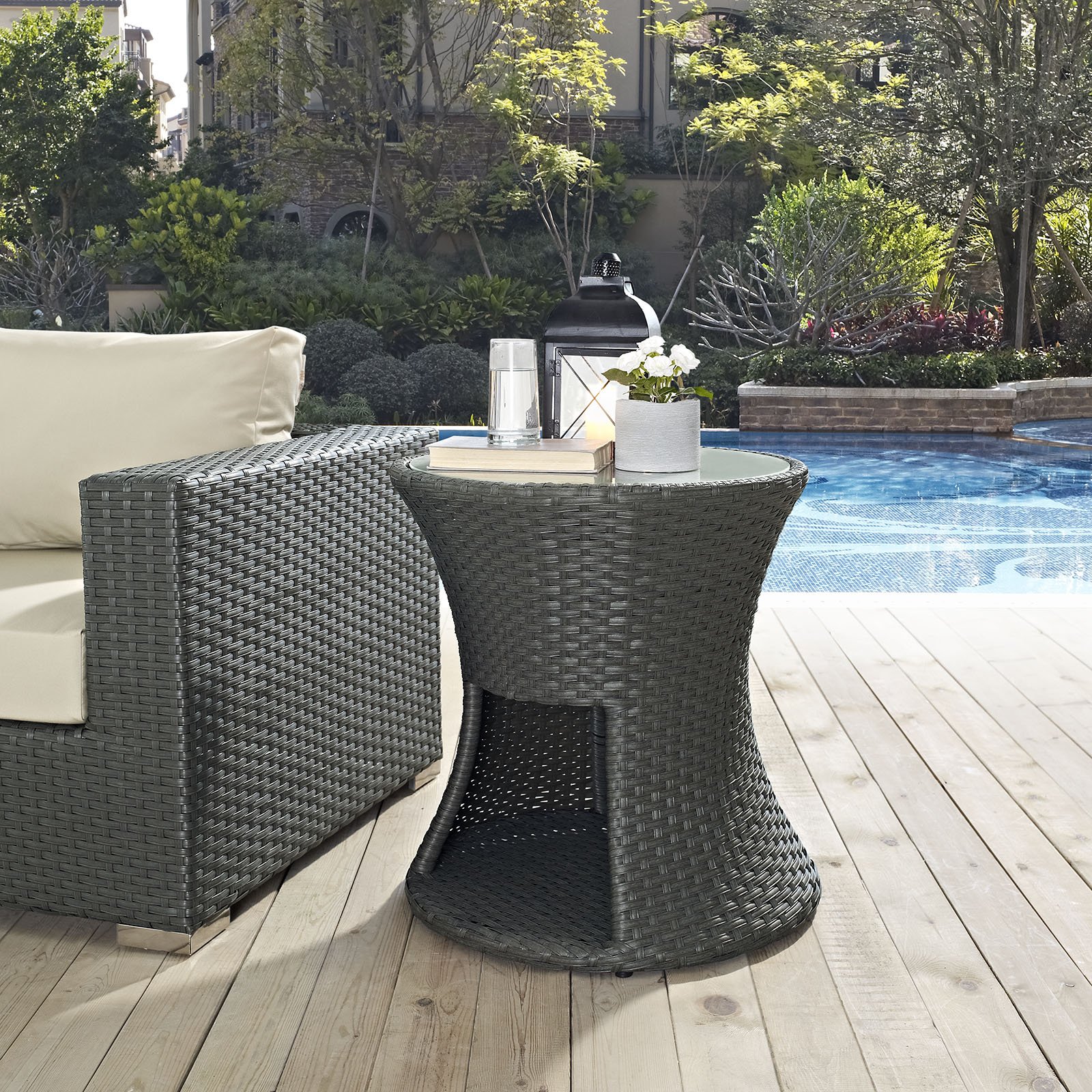 Modern Outdoor Patio Lounge Coffee Side Table - Round Dark Grey Glass Top with Rattan Wicker Base - Perfect for Poolside, Garden & Balcony Relaxation