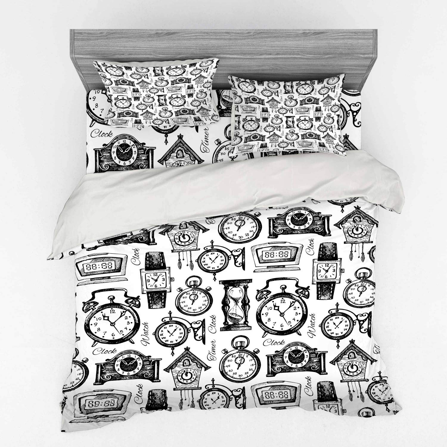 Ambesonne Vintage Clock Bedding Set - Hand Drawn Watches Illustration, Monochrome Black White 4-Piece Duvet Cover Set with Shams & Fitted Sheet, King Size | Perfect for Vintage Themed Bedrooms & Clock Collector's Home Decor