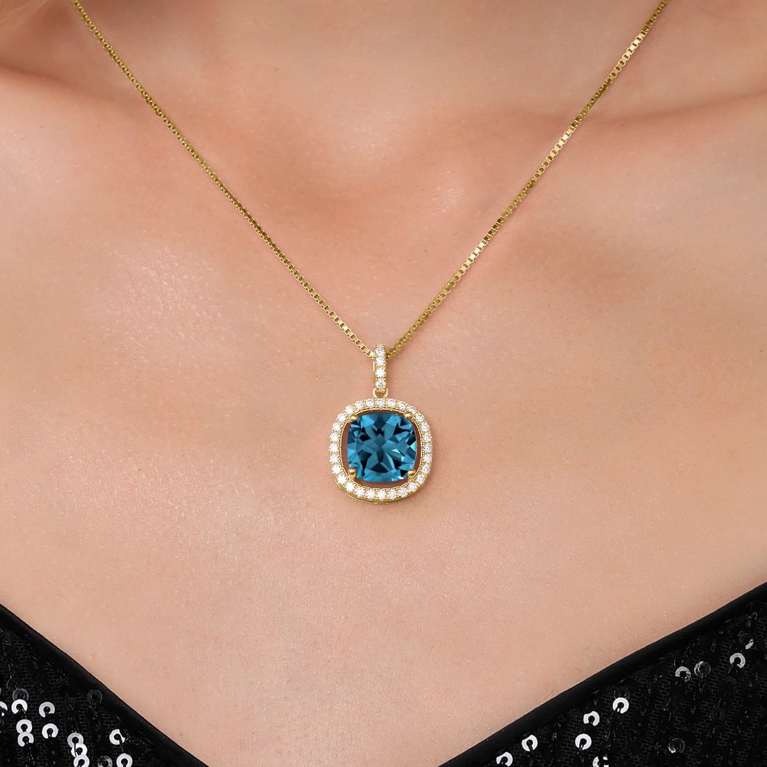 Gem Stone King 18K Yellow Gold Plated Silver 12MM Cushion Cut Birthstone & White Moissanite Halo Pendant Necklace for Women | 18 Inch Sterling Silver Chain | Perfect Gift for Birthday, Anniversary & Special Occasions