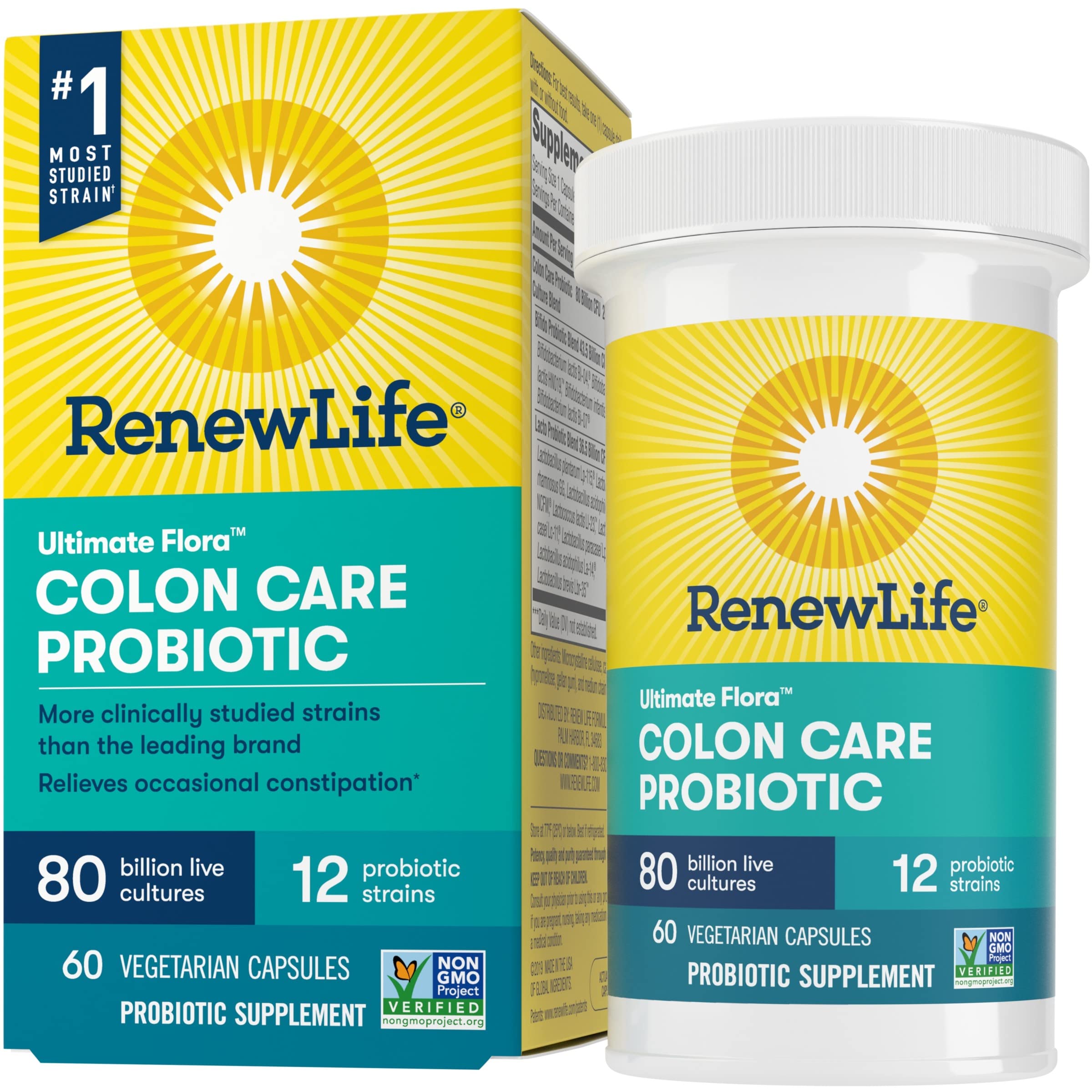 Renew Life Adult Colon Care Probiotic Supplement - 80 Billion CFU, 60 Capsules - Gluten Free, Dairy Free, Soy Free - Supports Digestive Health & Gut Flora Balance - Perfect for Daily Wellness Routine & Travel