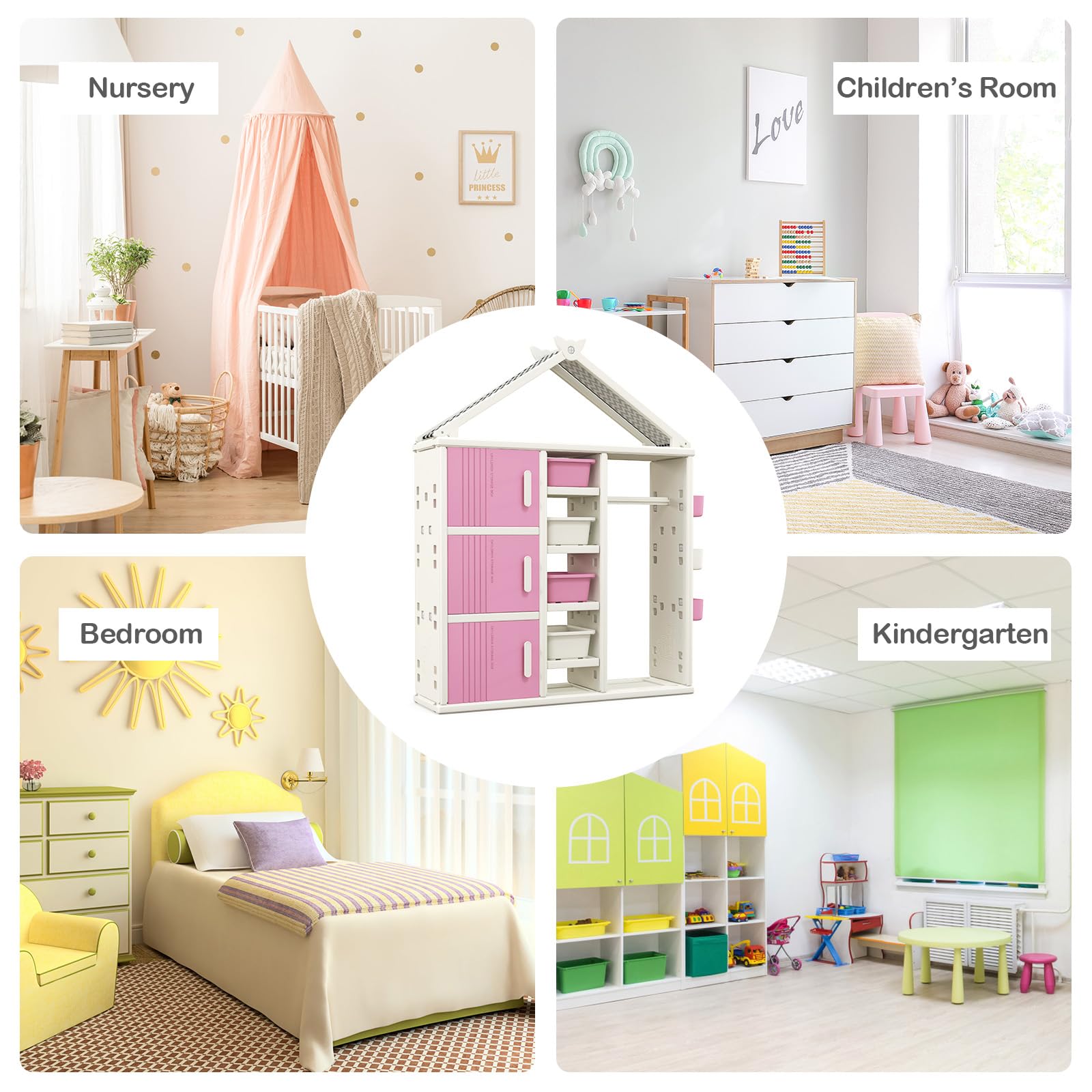 Costzon Kids Costume Storage Closet & Dress Up Center - Pink Open Hanging Armoire with Shelves, Bins & Side Baskets | Pretend Play Wardrobe & Clothing Organizer for Girls & Boys | Perfect for Bedroom, Playroom & Daycare Organization