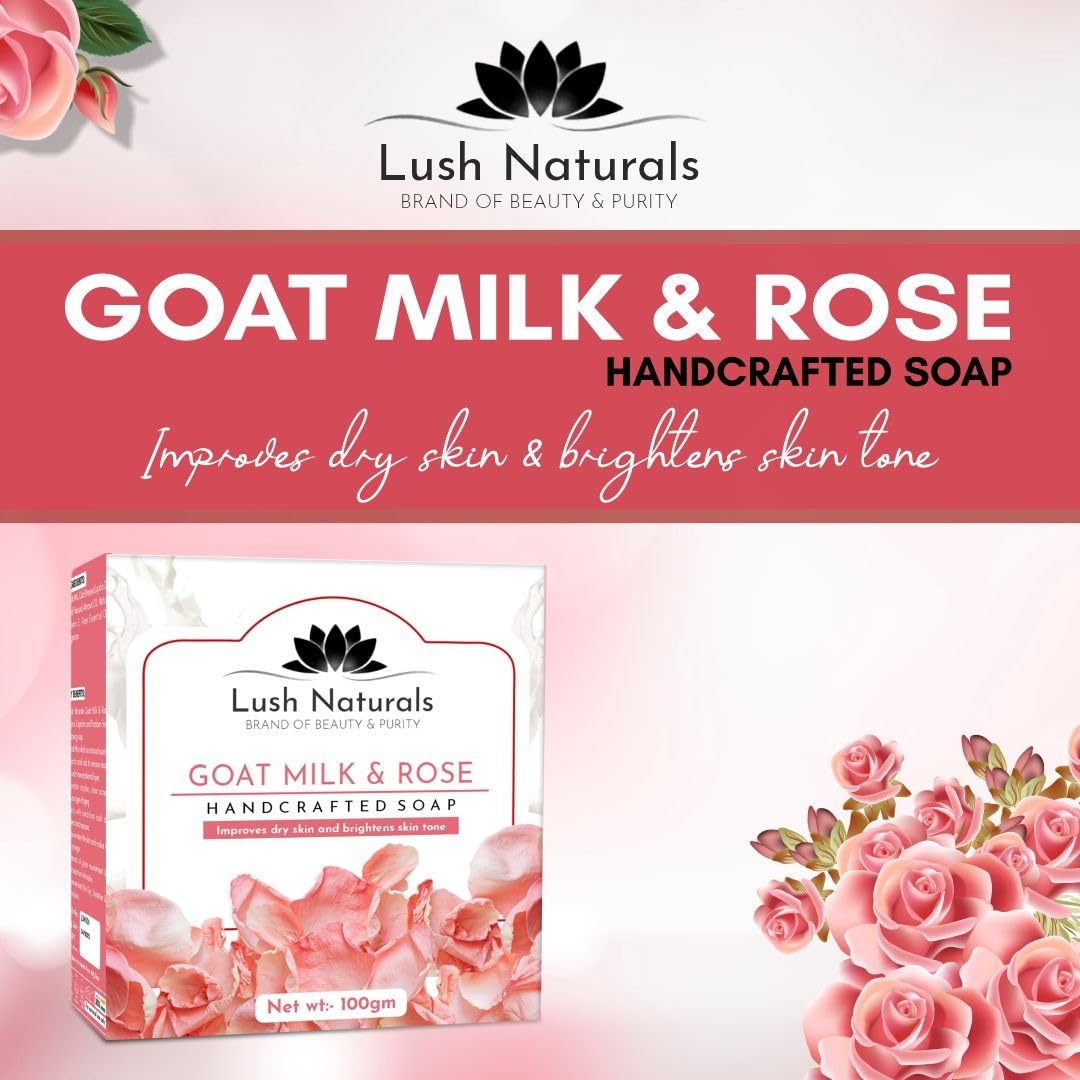 Lush Naturals Goat Milk & Rose Soap (Pack of 3) - Moisturizing & Fragrant Handmade Soap for Dry Skin, Sensitive Skin Care - Perfect for Bath, Shower & Gift Giving