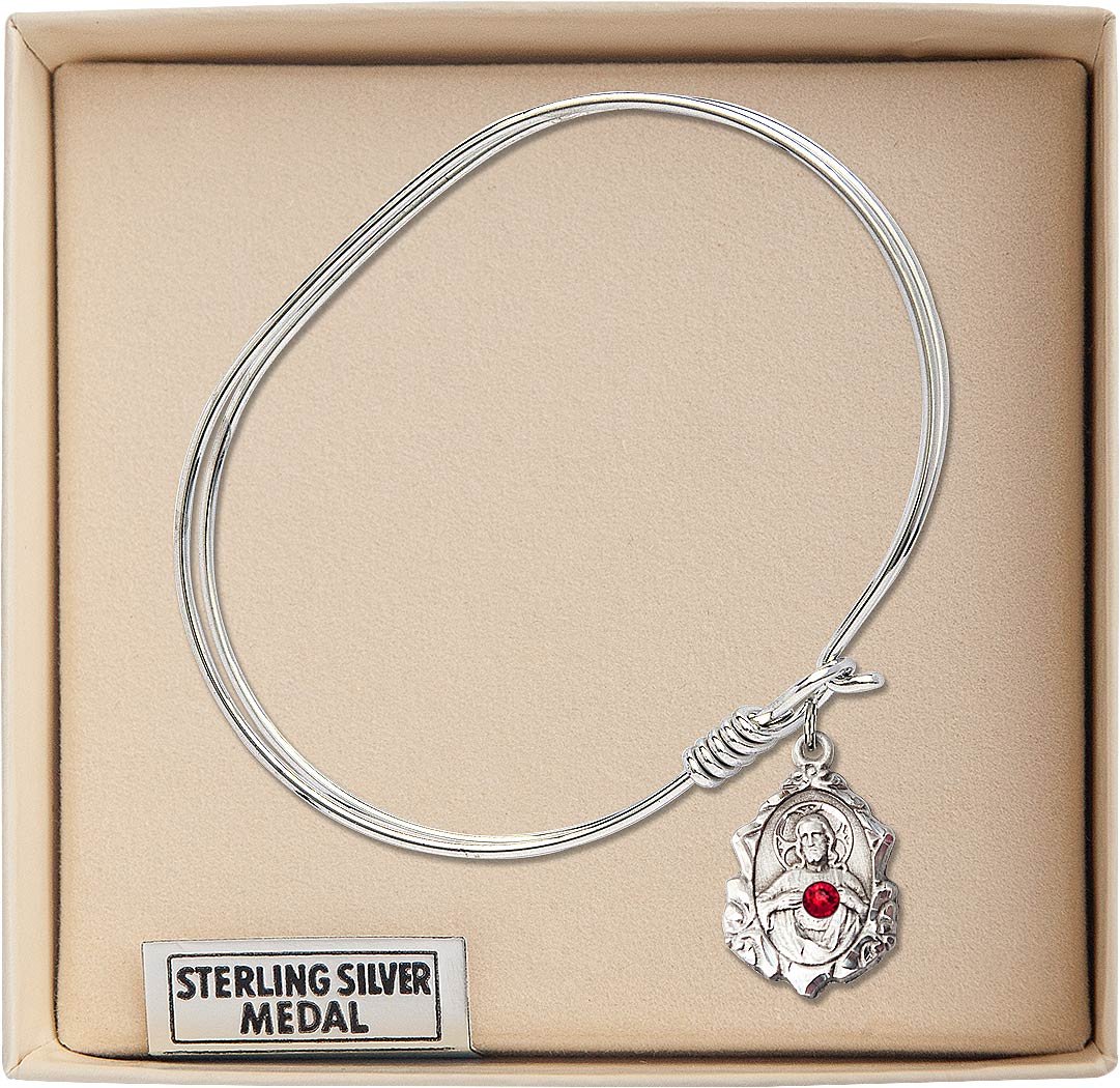 7 Inch Oval Eye Hook Bangle Bracelet with Scapular Medal Charm & July Red Crystal - Elegant Religious Jewelry for Women, Perfect for Church, Weddings, and Special Occasions