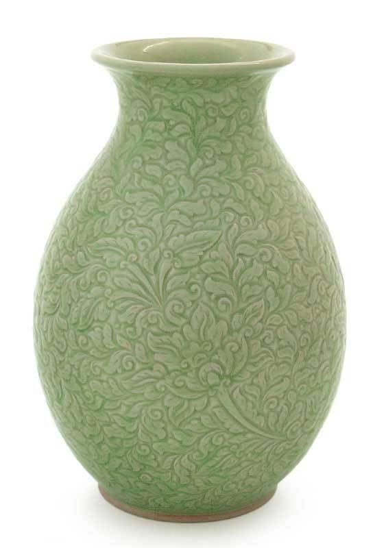 NOVICA Large Green Celadon Ceramic Vase with Floral Design - 'Surfaces' Handmade Artisan Vase for Home Decor, Wedding Centerpiece & Luxury Gift