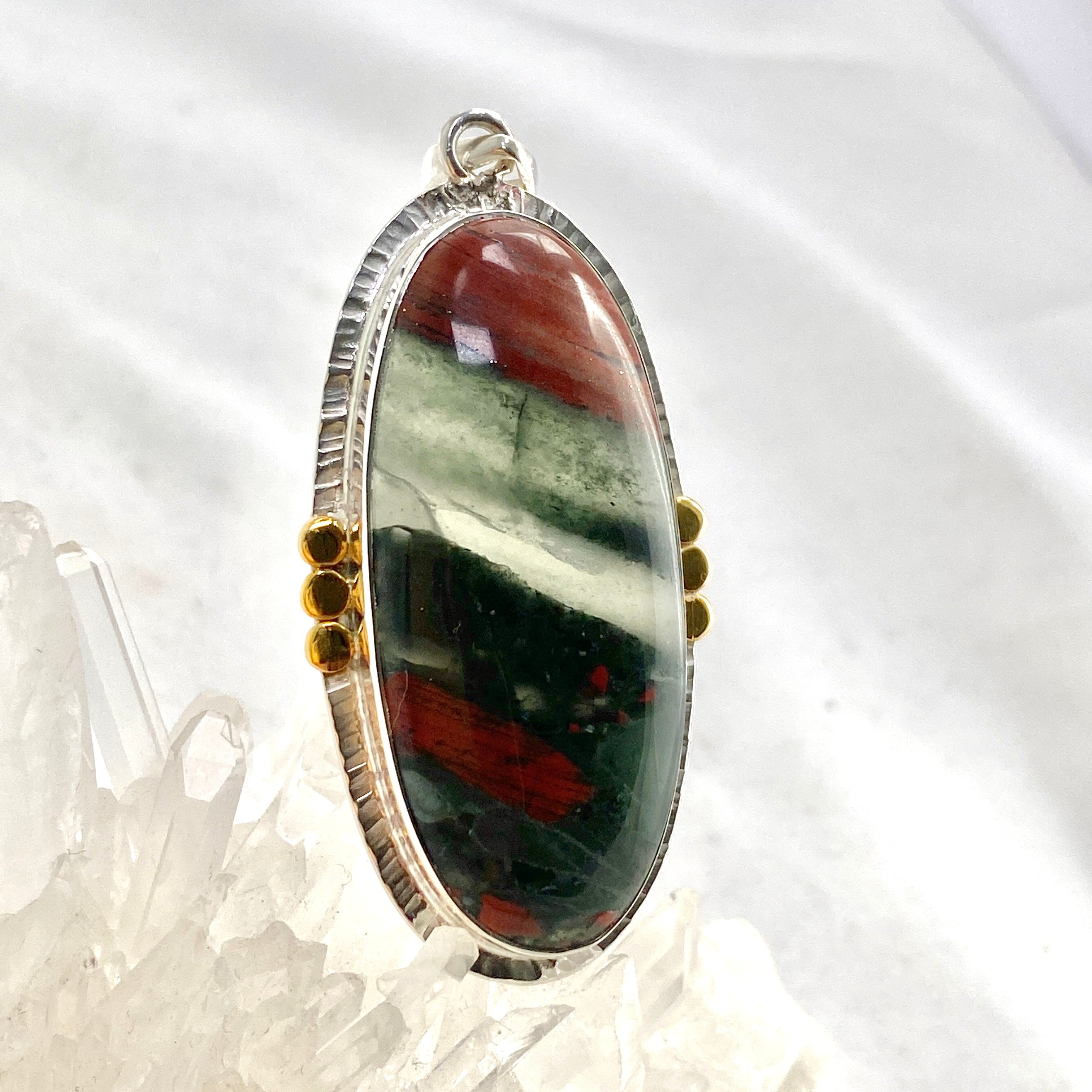 Bloodstone Oval Cabochon Pendant with Brass Accents - Handmade Jewelry for Women - Perfect for Spiritual Healing, Meditation & Energy Work (KPGJ4745)