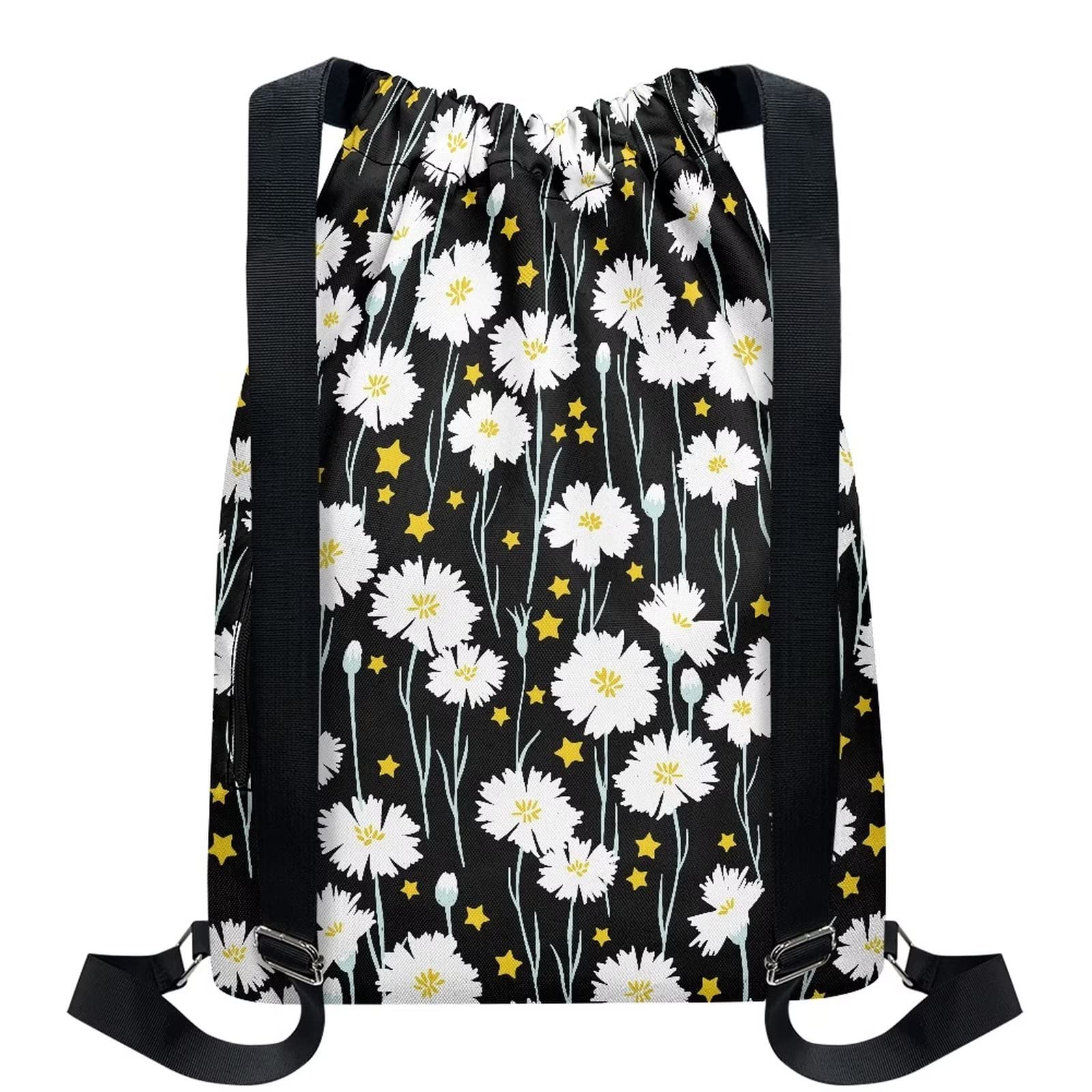 Stylish Black Daisy Pattern Drawstring Backpack with Zipper Pocket - Adjustable Waterproof Gym Bag for Men & Women | Perfect for Sports, Yoga, Camping & Daily Use