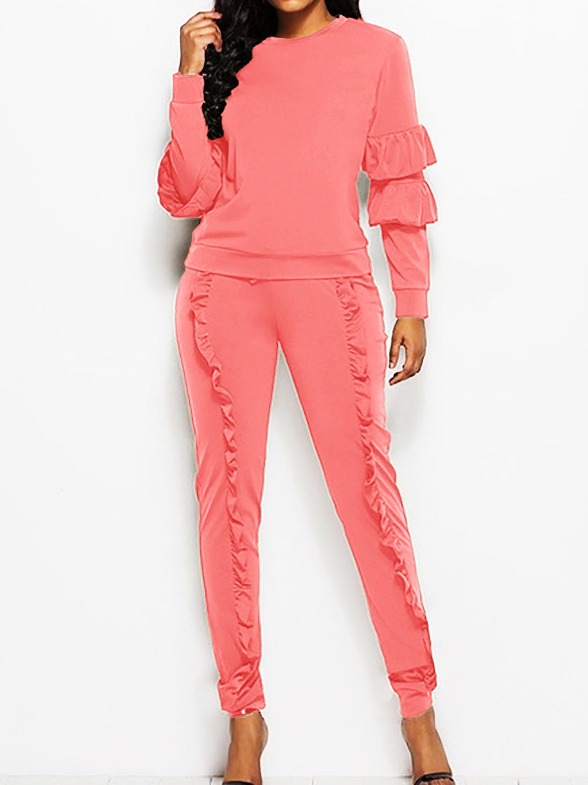 AKMIPOEM Women's 2 Piece Outfits - Ruffle Sleeve Sweatshirt & Long Pants Tracksuit Set, Casual Lounge Wear for Home, Gym, and Street Fashion