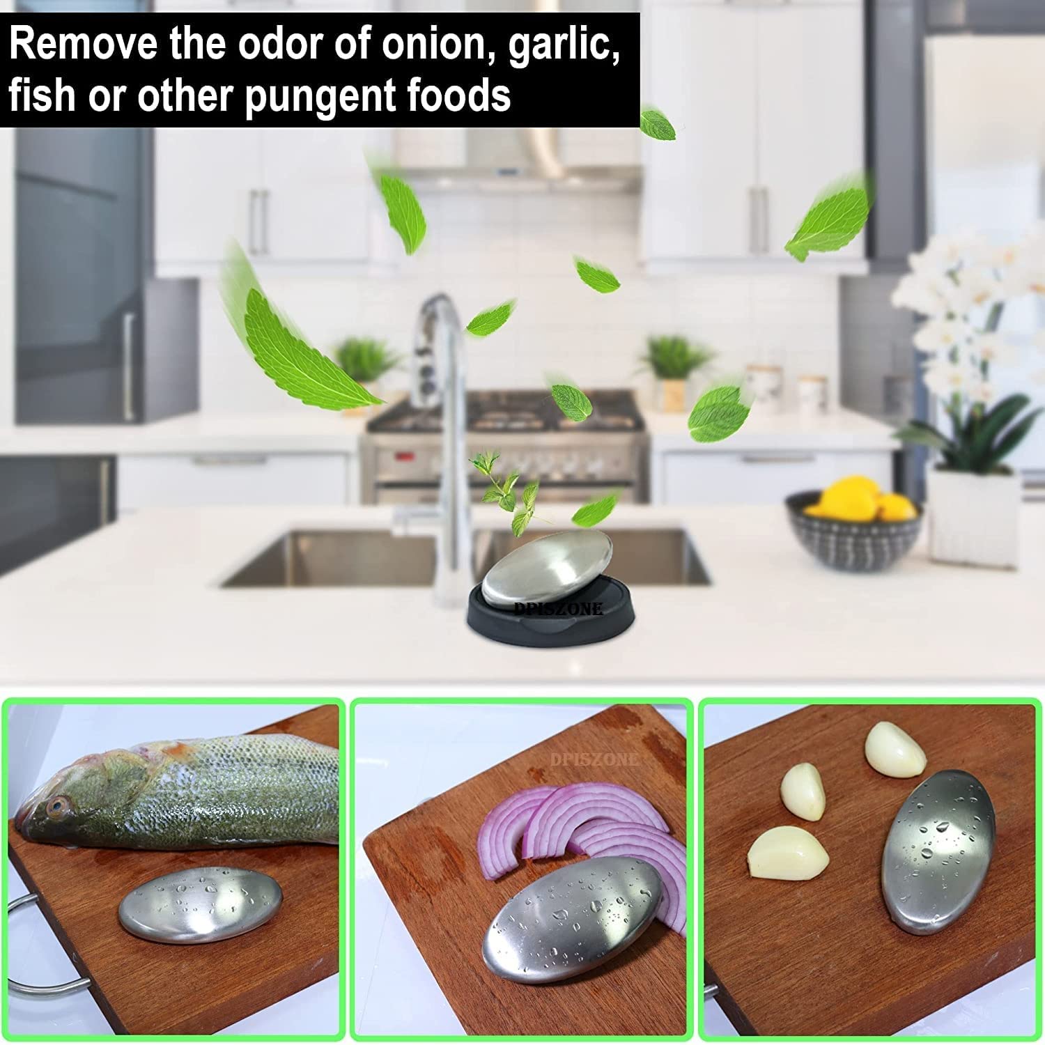 DPISZONE Stainless Steel Soap Odor Remover Bar - Eliminates Onion, Garlic & Fish Smells - Kitchen Deodorizing Soap with Holder - Perfect for Cooking & Food Prep