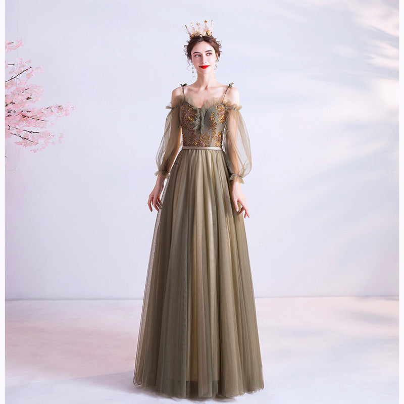 Elegant Long Green Tulle Prom Dress A-Line Evening Gown with Long Sleeves | Formal Dance, Homecoming, Wedding Guest Dress | Size 161