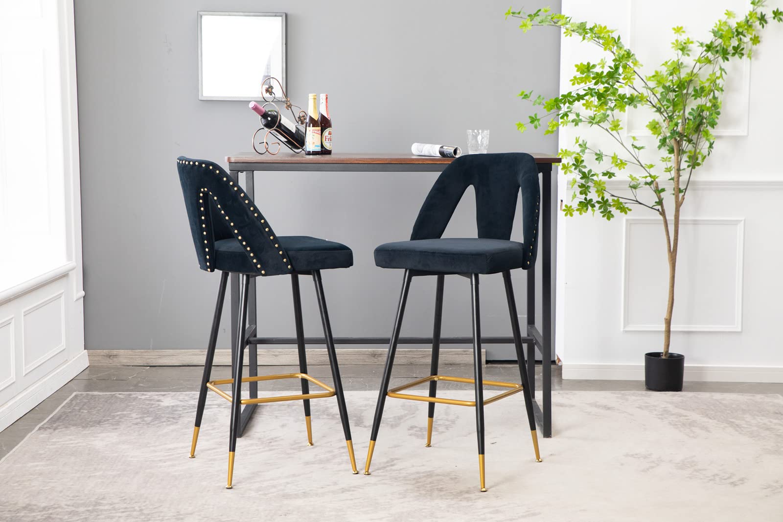 Velvet Bar Stools Set of 2 - Modern Counter Height Upholstered Bar Chairs with Rivet Detail & Metal Legs for Kitchen Island, Breakfast Bar - Black Home Dining Furniture for Small Spaces & Apartment Living