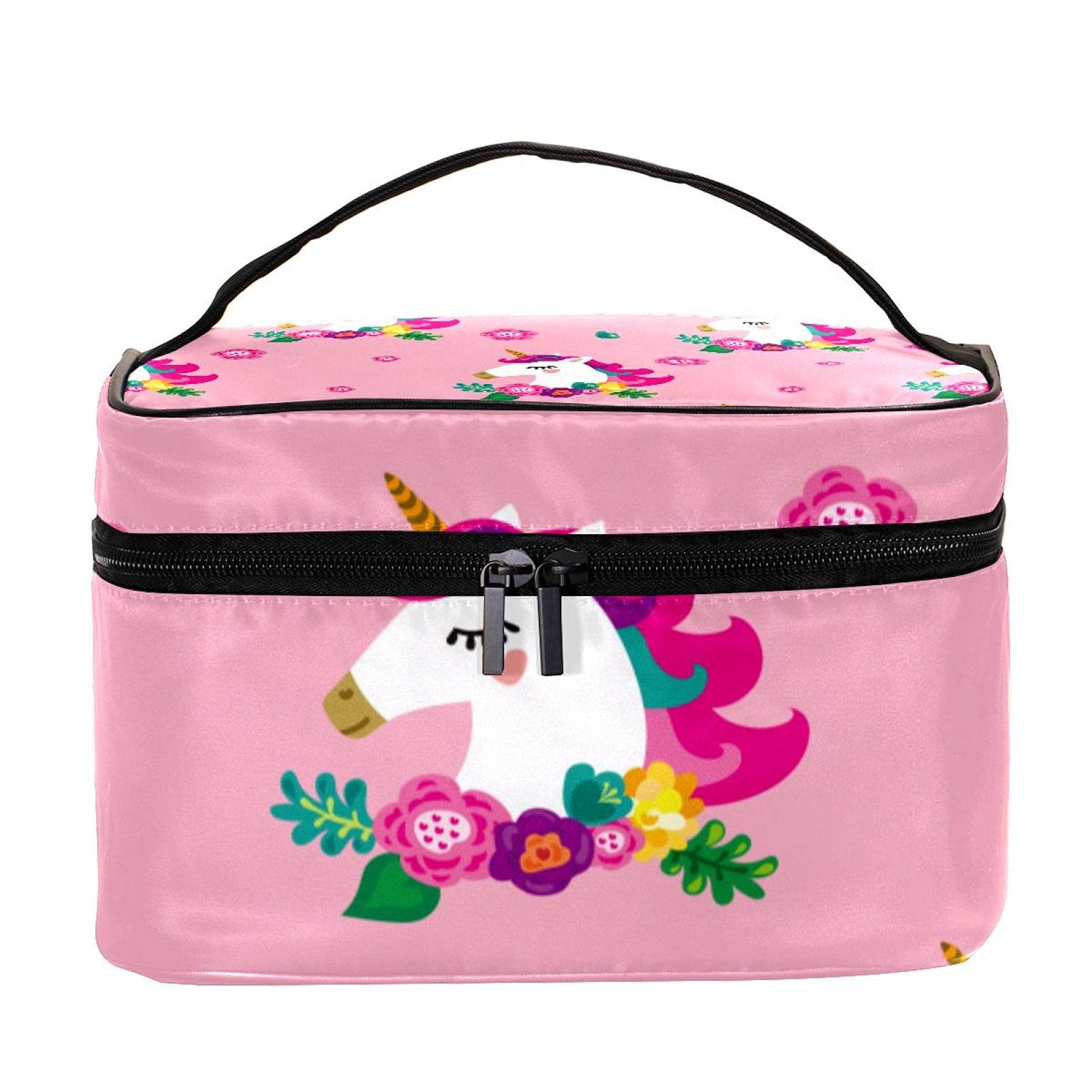Pink Floral Unicorn Travel Makeup Bag - Large Cosmetic Organizer with Zipper for Women & Girls | Perfect for Vacation, Gym, School & Daily Essentials Storage