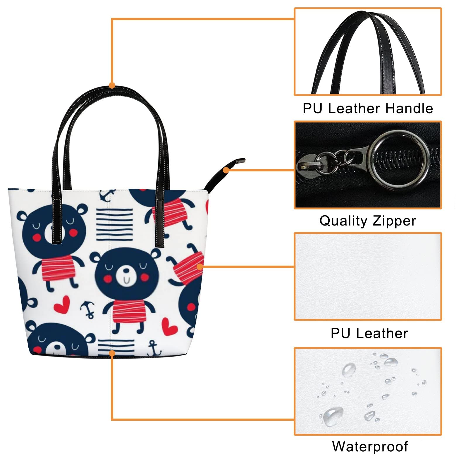 Stylish White Cute Kawaii Animal Print Teddy Bear Tote Bag for Women - Leather Crossbody Handbag with Zipper | Perfect for Work, Travel & Daily Use