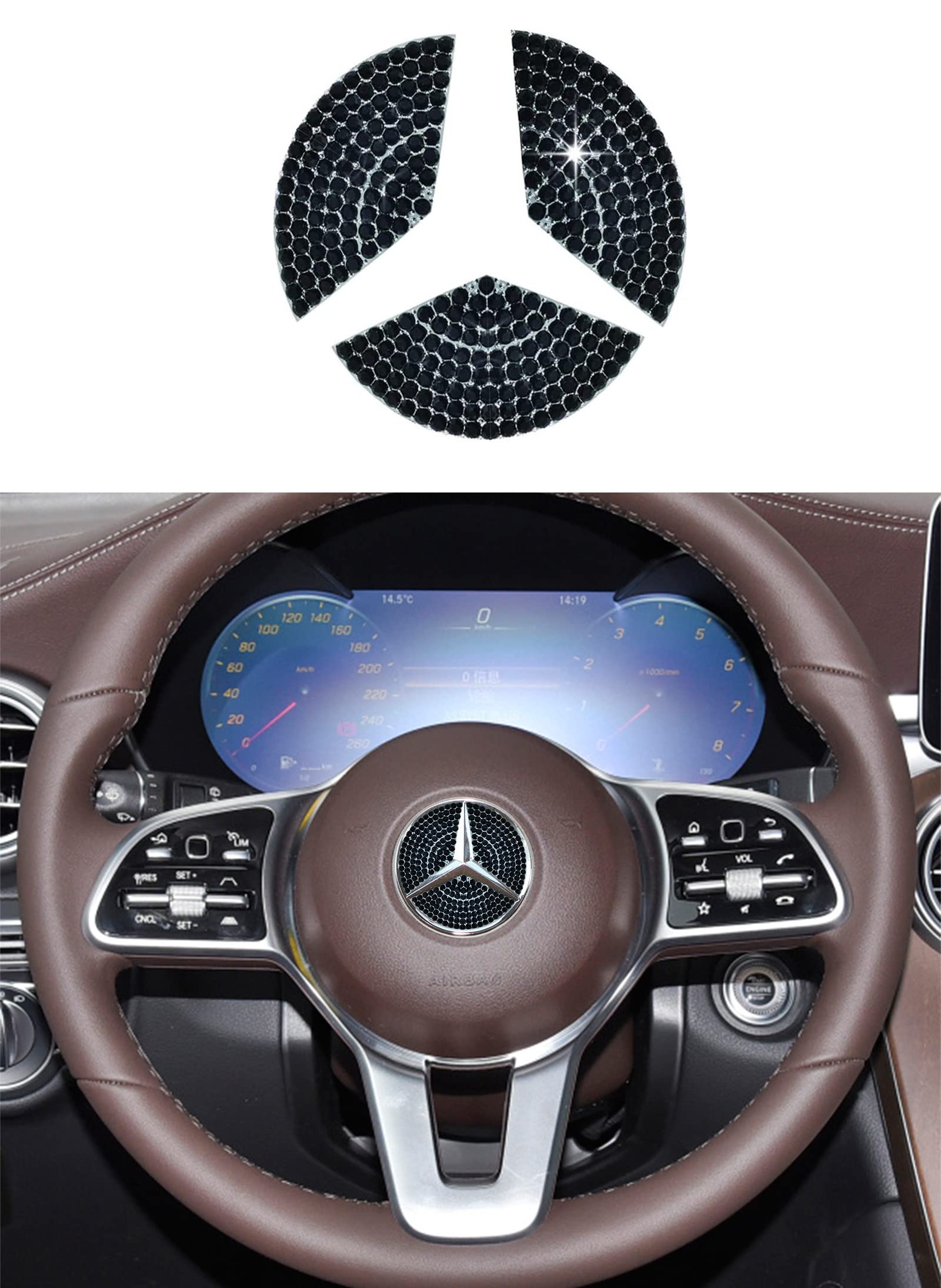 Diamond Crystal Steering Wheel Logo Caps for Mercedes Benz - 49mm Black Bling Emblem Badge | Luxury Car Interior Decoration Accessories for Women | Perfect for Gifts, Customization & Car Show Enhancement