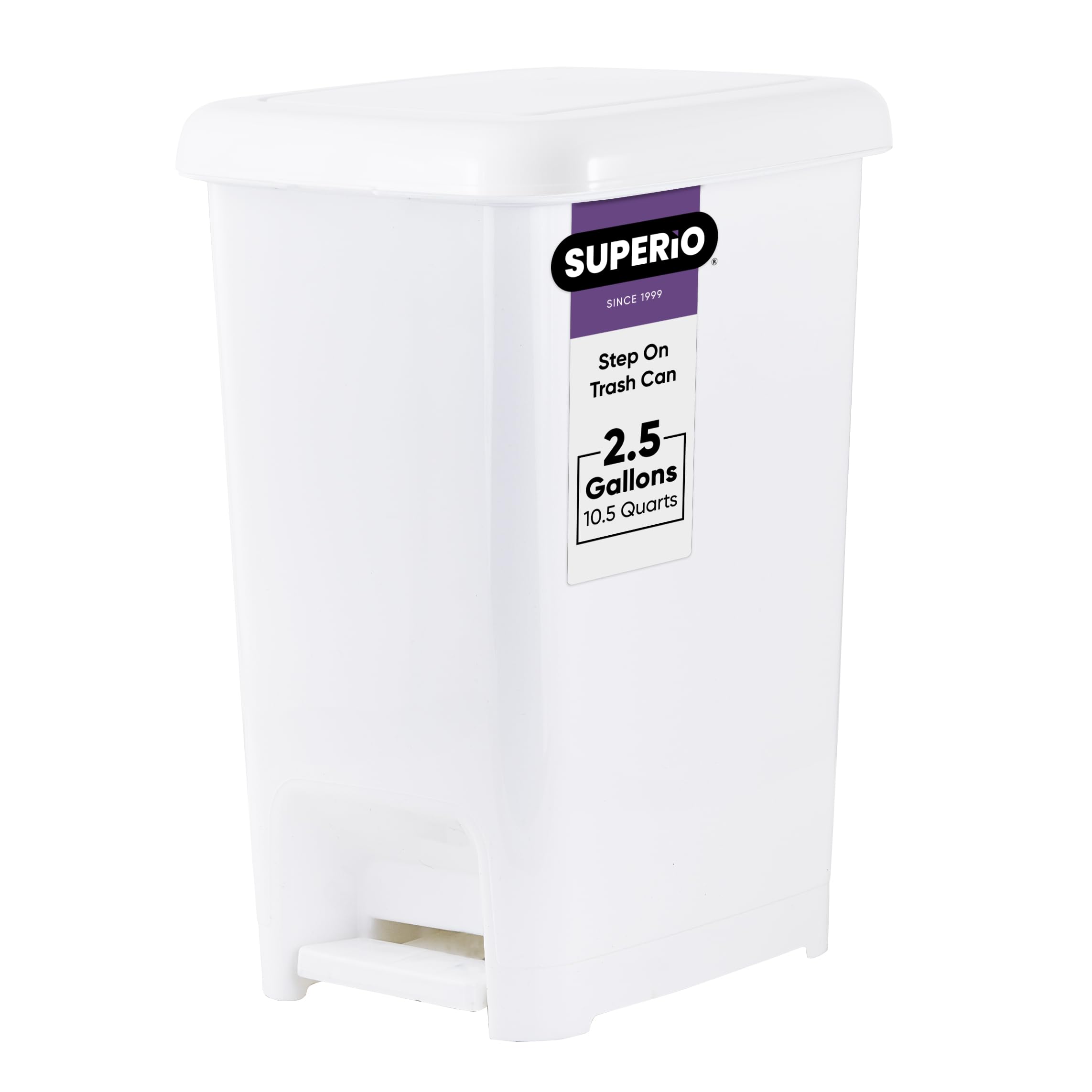 Superio 2.5 Gallon Slim Step-On Trash Can with Lid - Compact Plastic Garbage Bin for Bathroom, Kitchen, Office, Under Desk, Bedroom & Dorm - Space-Saving White Wastebasket for Small Spaces & Tight Corners - Perfect for Home, Office & College Dorm Use