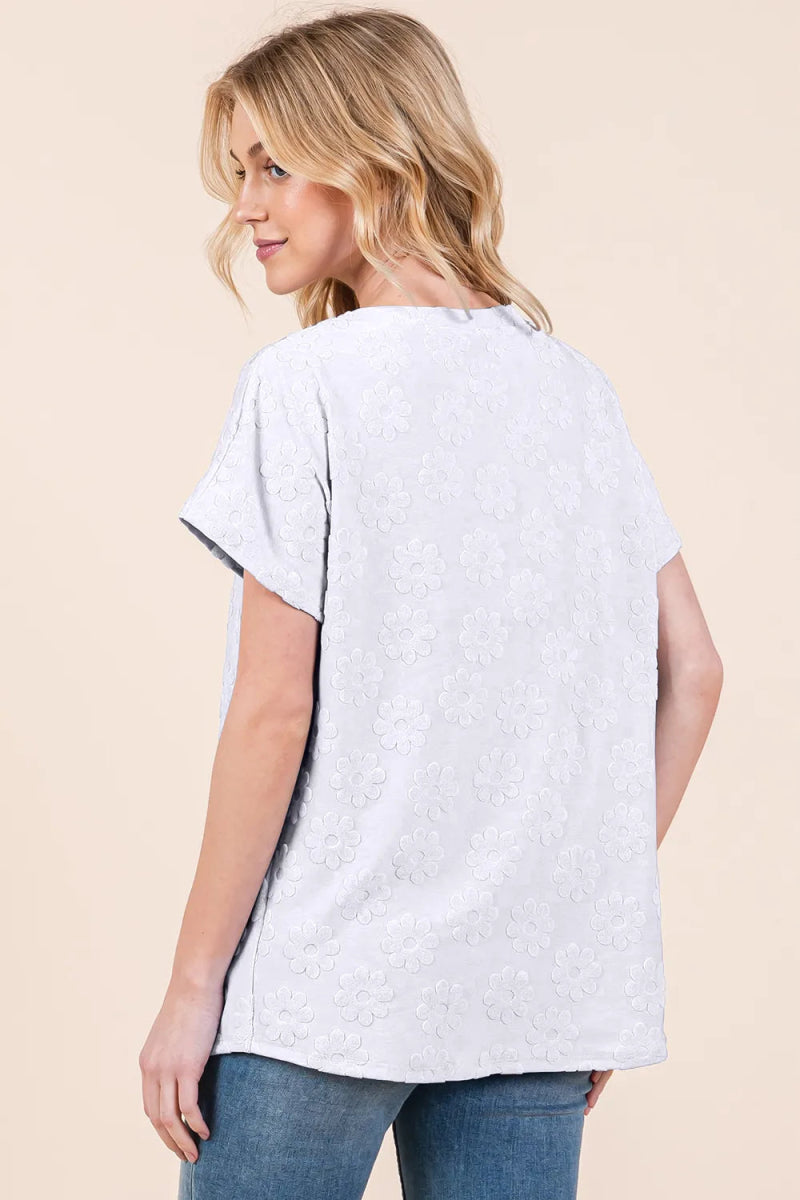 BOMBOM Floral Textured Short Sleeve T-Shirt for Women | Casual Summer Top | Perfect for Beach Outings, Date Nights & Weekend Brunch