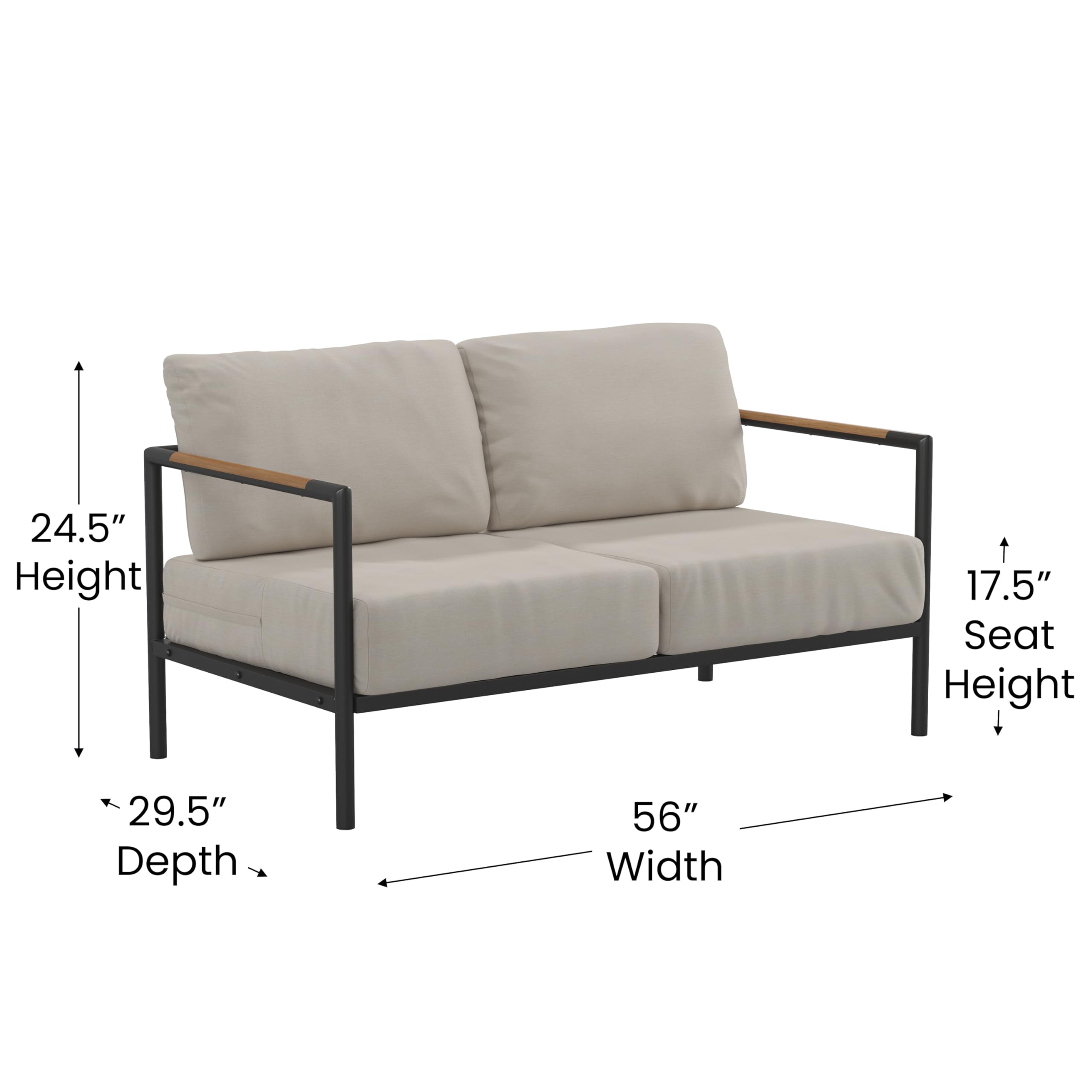 Merrick Lane Eastport Outdoor Loveseat with Removable Beige Fabric Cushions & Black Teak Accented Aluminum Frame - Perfect for Patio, Garden, Poolside or Deck Relaxation