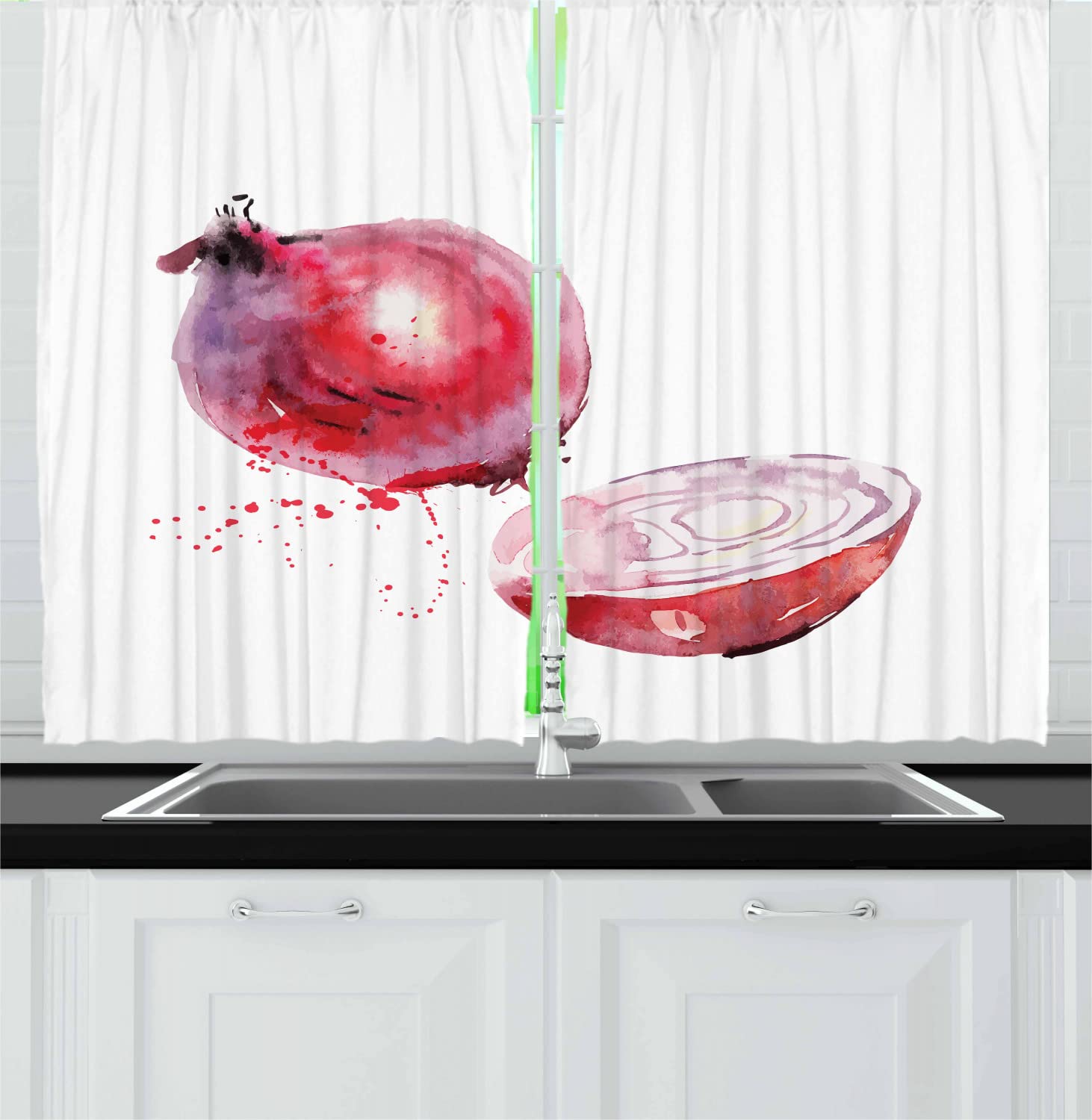 Ambesonne Vegetable Art Kitchen Curtains Set of 2 Panels - Watercolor Onion Print with Brushstroke Effects, Traditional Cuisine Design for Kitchen & Cafe Decor, 55