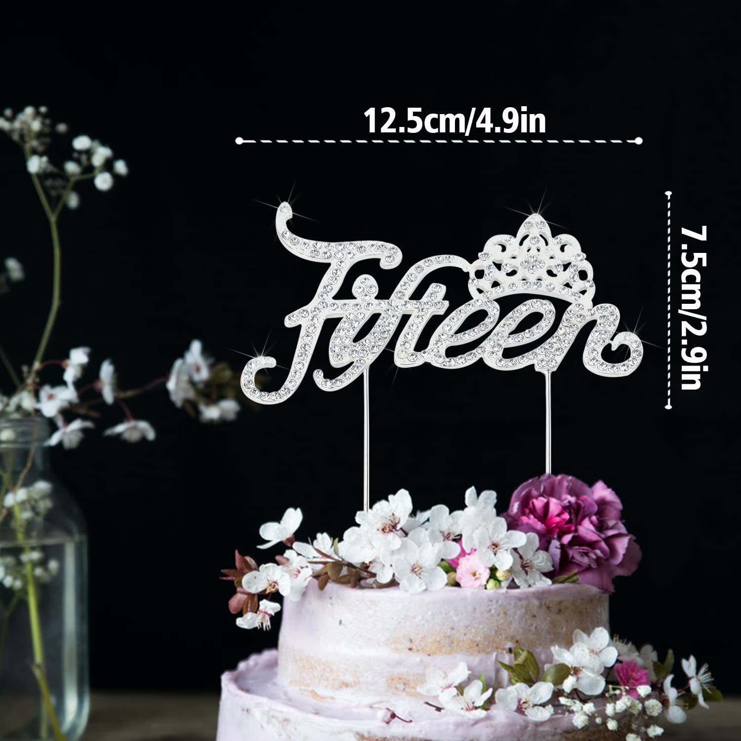 LINGTEER 15th Birthday Cake Topper with Crown - Silver Bling Crystal Rhinestone Decor | Happy Fifteenth Birthday Party Supplies | Perfect for Sweet 16, Quinceañera & Milestone Celebrations