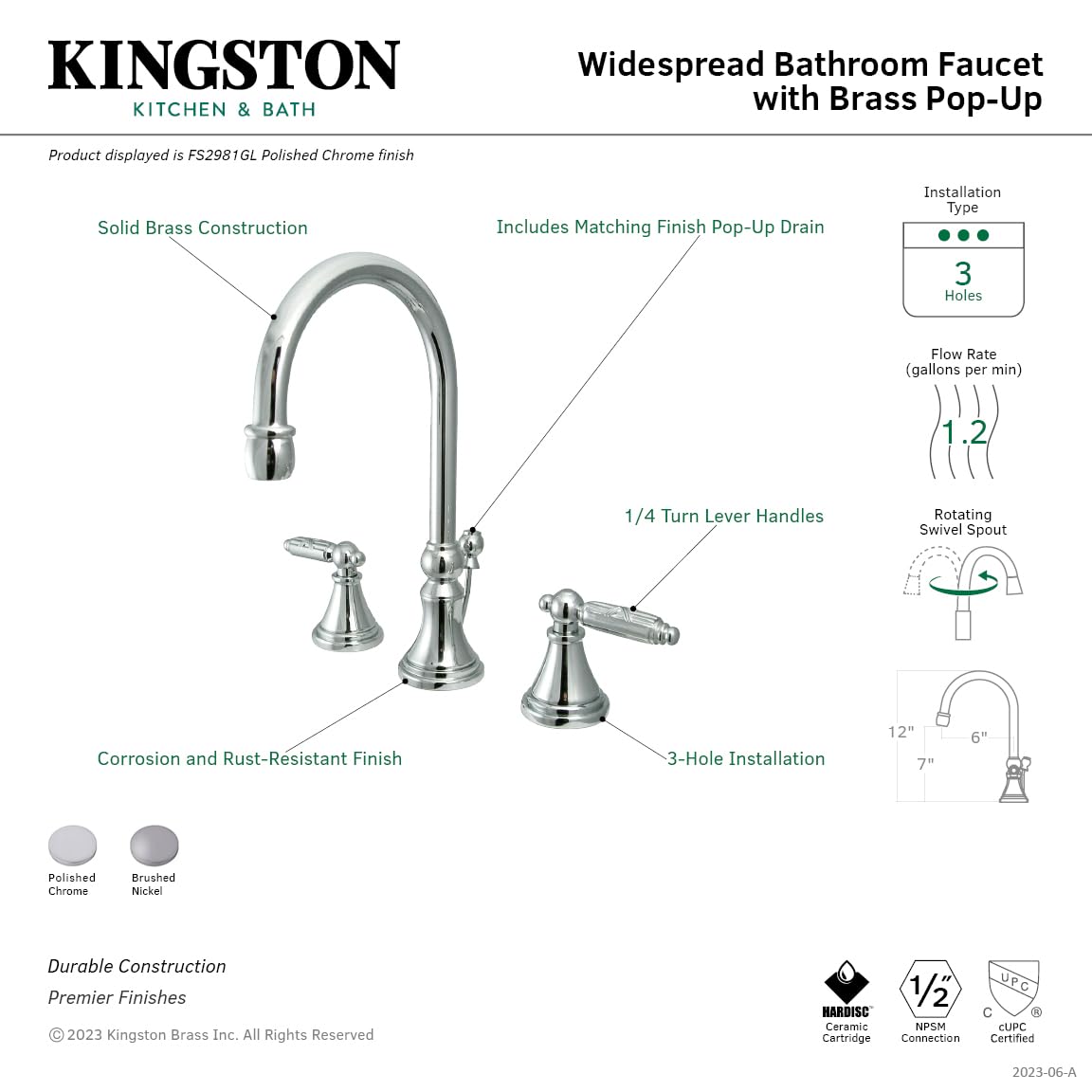 Kingston Brass FS2981GL Widespread Bathroom Faucet with Brass Pop-Up Drain, Polished Chrome Finish - Perfect for Modern Vanities and Guest Bathrooms