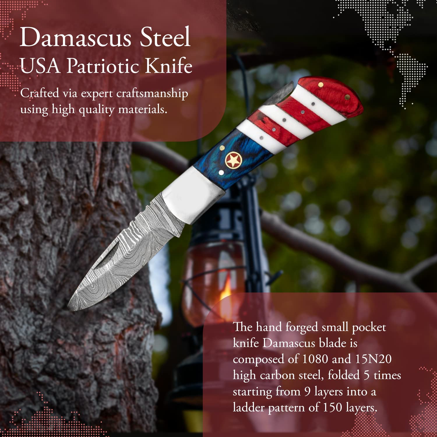 Premium Handmade Damascus Steel American Flag Pocket Knife - USA Patriotic Folding Knife with Sheath (7.25 Inch) - Perfect for Camping, Hunting, Survival & Outdoor Adventures