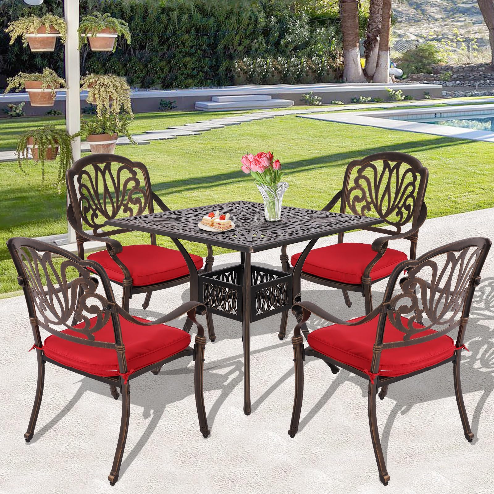 Grepatio 5-Piece Cast Aluminum Outdoor Dining Set - 4 Chairs with Cushions & 35.4