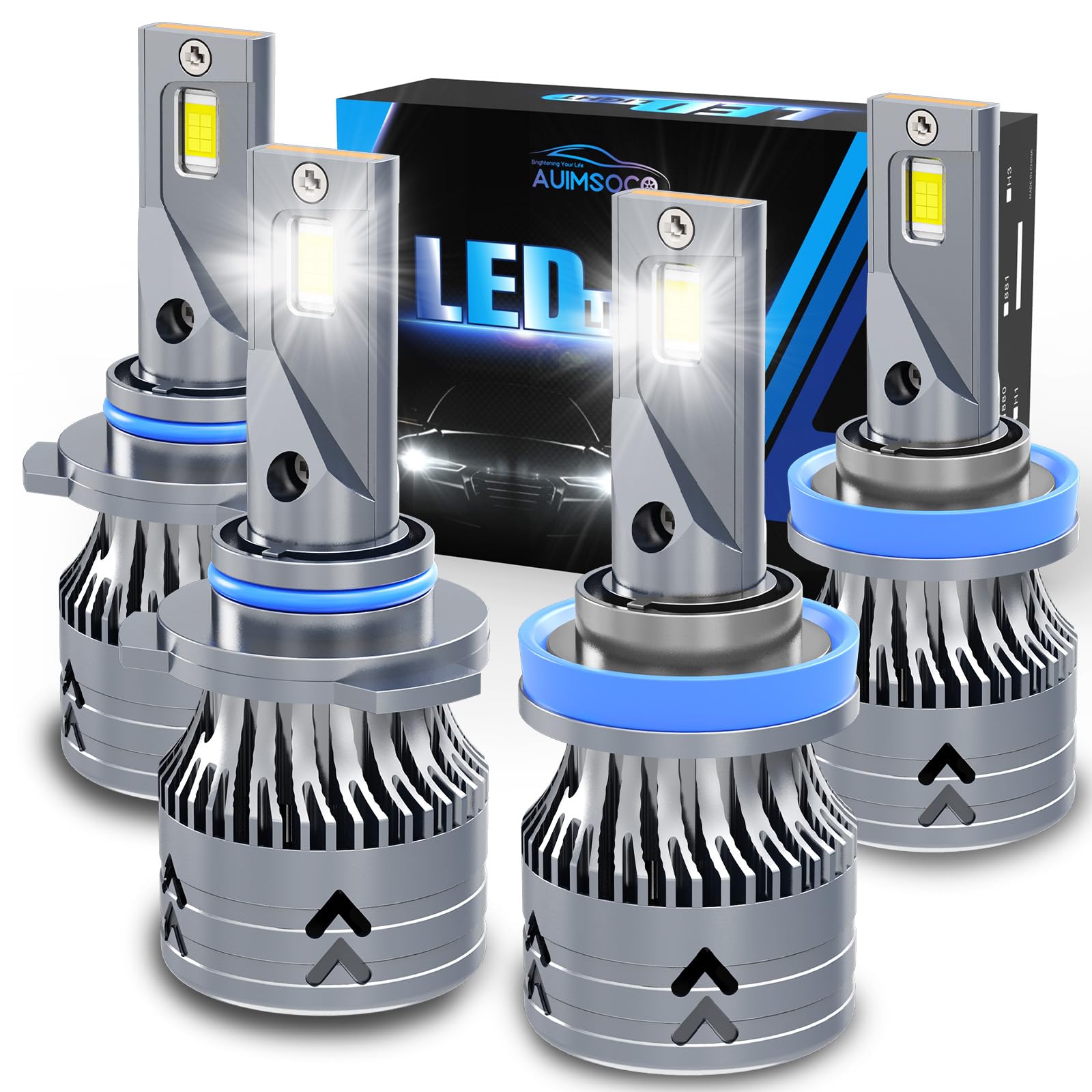 AUIMSOCO 9005/HB3 H11/H8 LED Bulbs Combo - 24000LM Bright Cool White 6500K - High Low Beams for Halogen Replacement - Plug and Play - Pack of 4 - Perfect for Night Driving, Fog Lights, and Off-Road Adventures