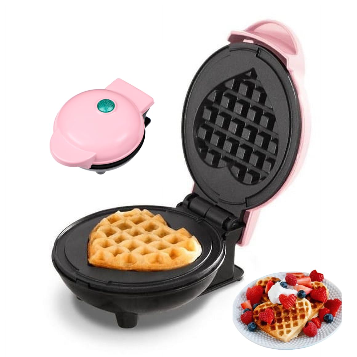Mini Waffle Maker - 4 Inch Non-Stick Waffle Iron for Keto Chaffles, Hash Browns, Sandwiches & Snacks - Compact & Easy to Clean - Perfect for Breakfast, Desserts & Kids Meals (Pink Heart Design)