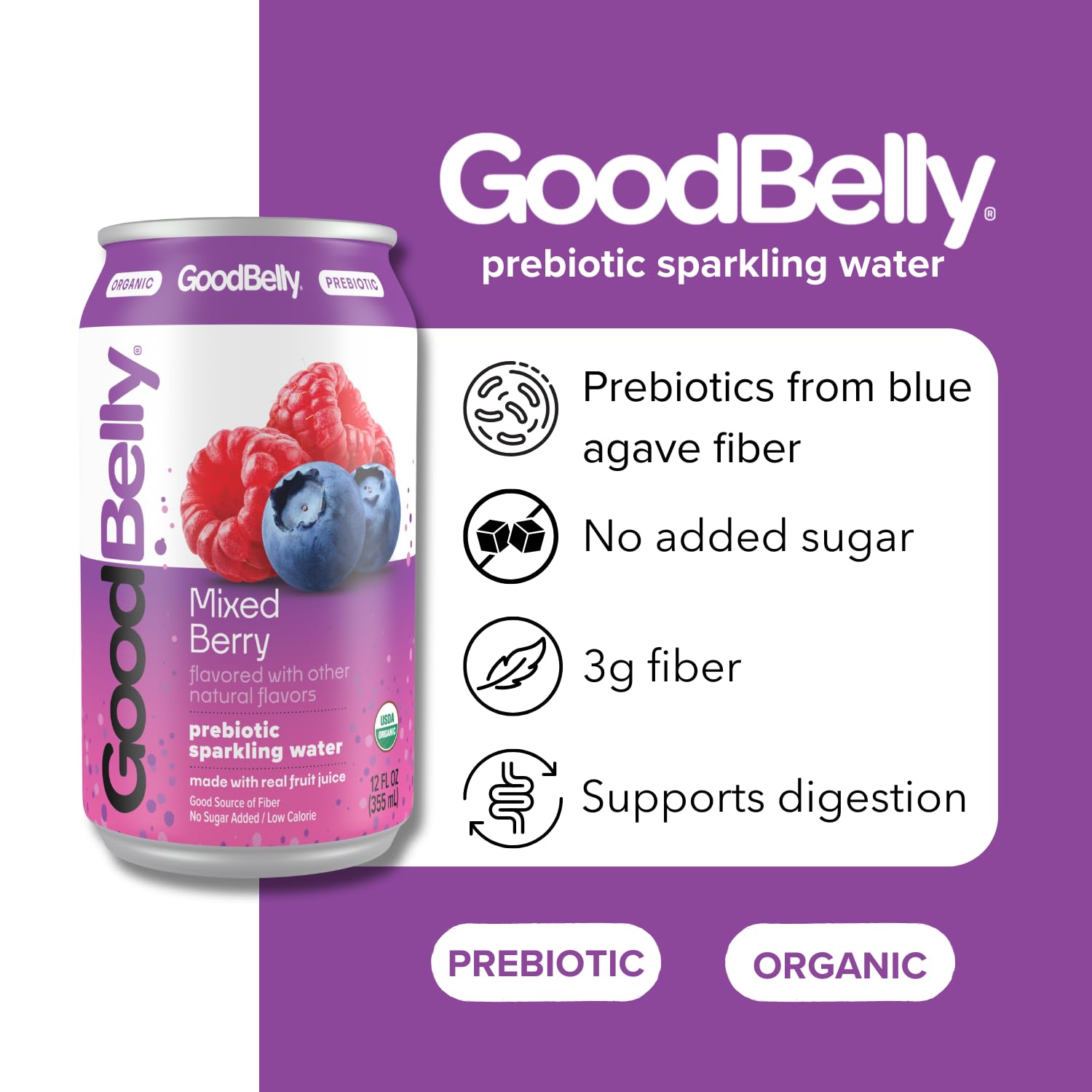 GoodBelly Organic Prebiotic Sparkling Water - Mixed Berry Flavor | Zero Sugar, Low Calorie, Gut Health Support | 4-Pack | Perfect for Hydration & Digestive Wellness at Home or Office
