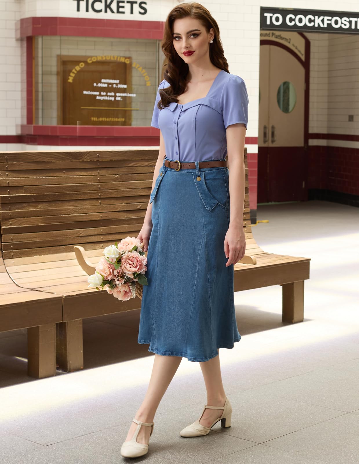Belle Poque Women's Vintage High Waist Denim Skirt - Stretchy A-Line Long Maxi Jean Skirt with Pockets for Casual Outfits & Summer Fashion