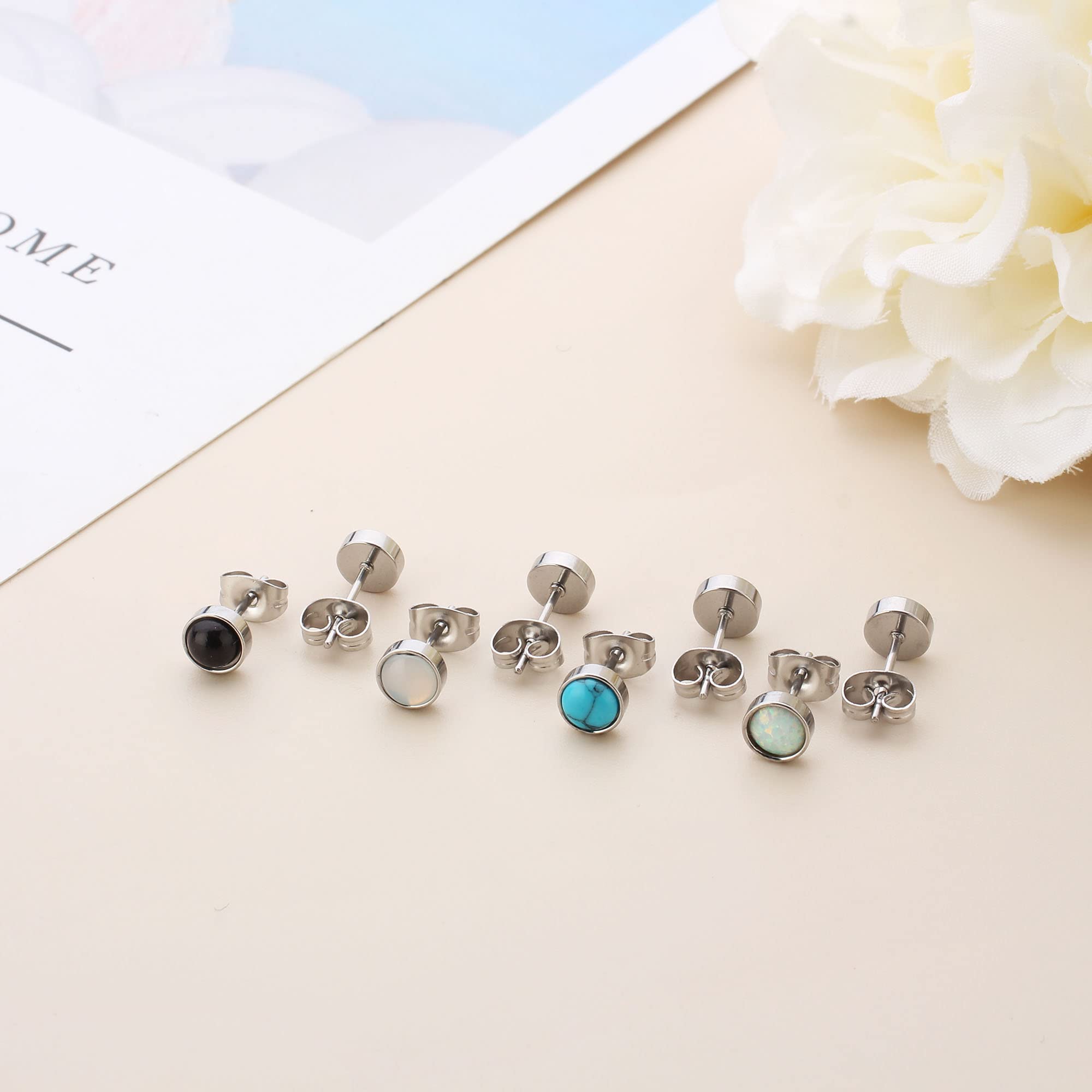 ADRAMATA 4 Pairs Stainless Steel Stud Earrings for Women - Moonstone, Turquoise, Opal & Black Onyx Studs | Hypoallergenic Jewelry for Everyday Wear, Gift Giving & Special Occasions