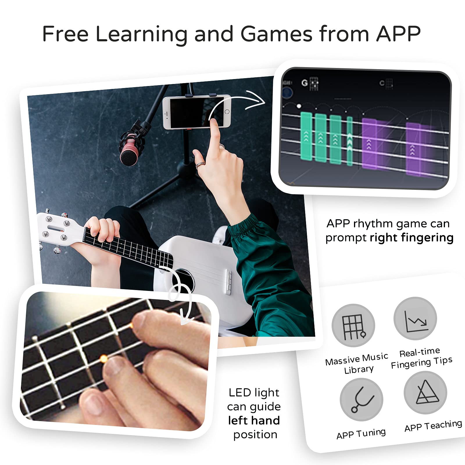 Populele 2 Smart Ukulele - Carbon Fiber Portable Electric Ukulele for Beginners & Professionals, Kids & Adults - Perfect for Travel, Camping & Home Practice