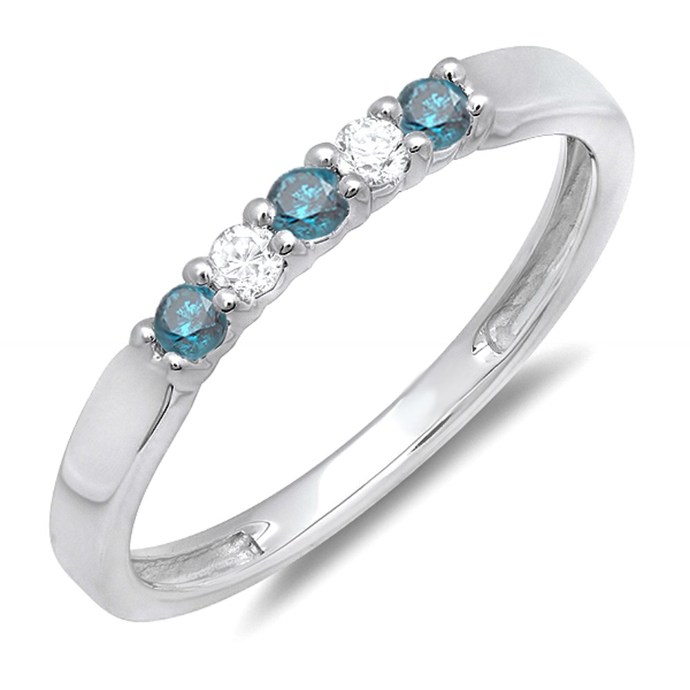 0.25 CTTW 10K Blue & White Diamond 5-Stone Women's Anniversary Wedding Band Ring in Solid White Gold - Perfect for Bridal Jewelry, Engagement Gift & Special Occasions