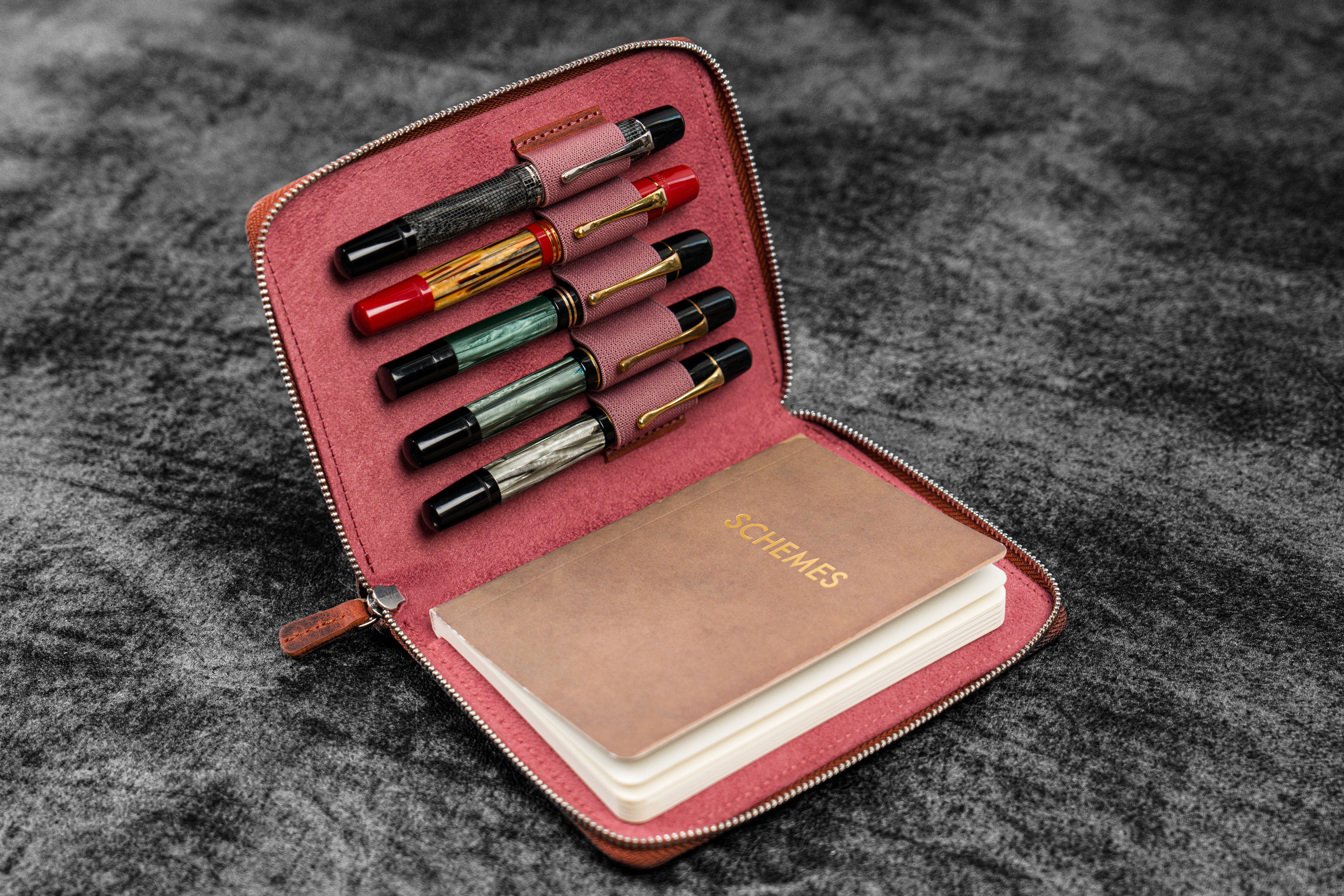Premium Leather Zippered 5-Slot Pen Case - Crazy Horse Orange | Organizer for Fountain Pens, Ballpoints & Stationery | Perfect for Office, School & Travel
