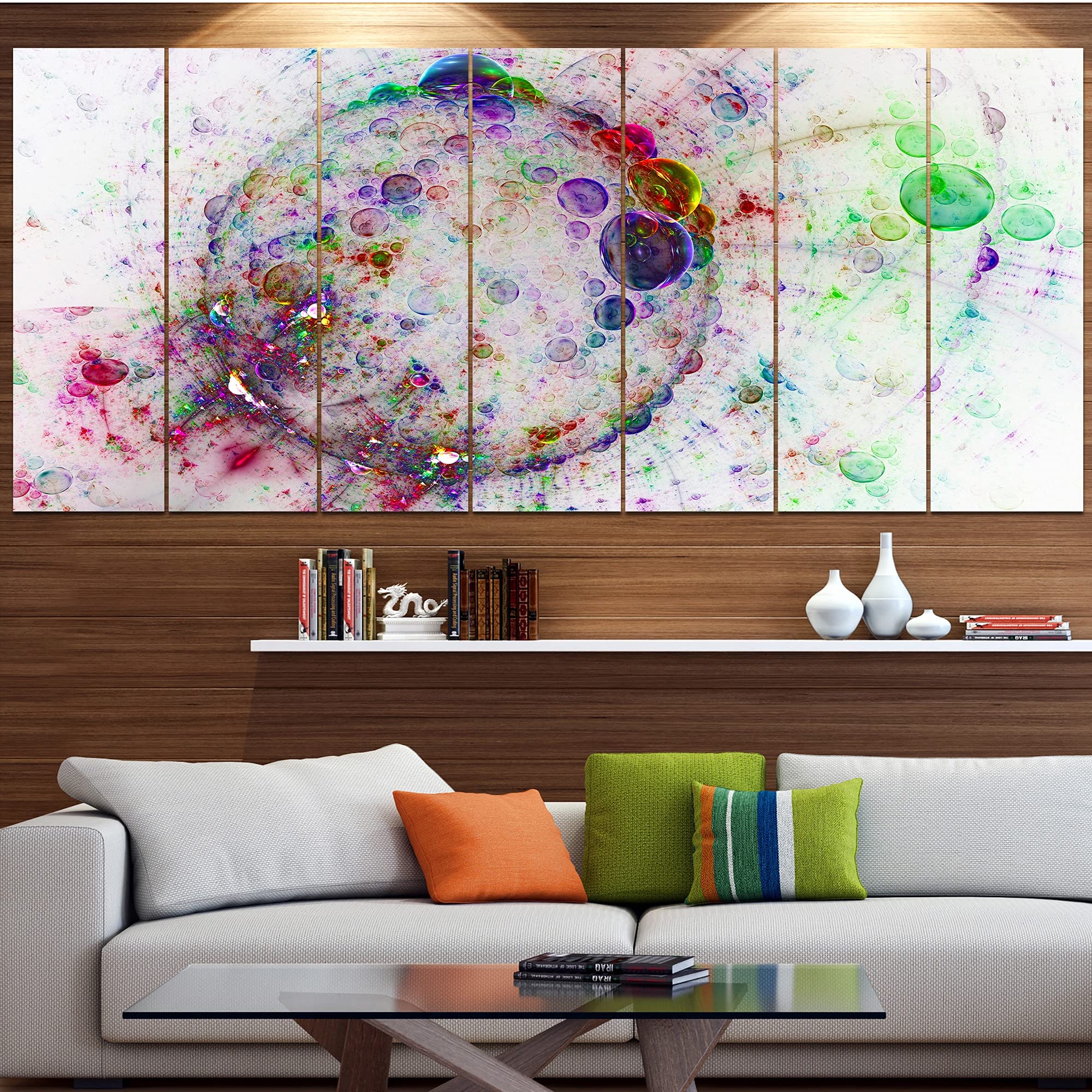 Abstract Wall Art Canvas - DESIGN ART 'Colorful Spherical Planet Bubbles' Modern Painting 83x32 Inch 7-Panel Set for Living Room, Bedroom & Office Decor