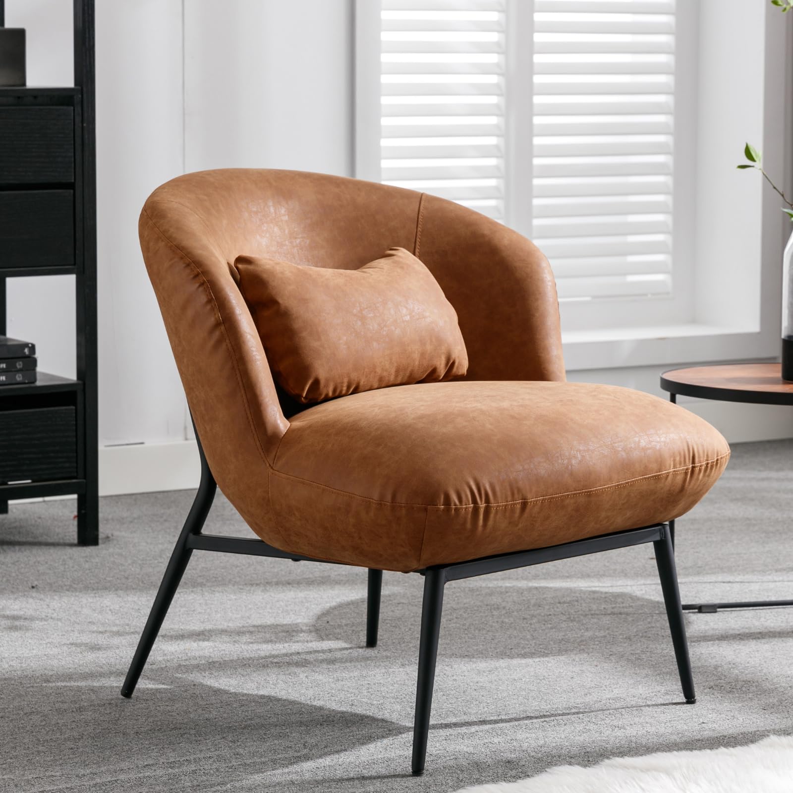 Modern Accent Chair - PU Leather Upholstered Side Chair with Cushion & Black Metal Legs, Comfortable Lounge Chair for Living Room, Bedroom, Office - Perfect for Reading, Relaxing & Home Decor (Brown)