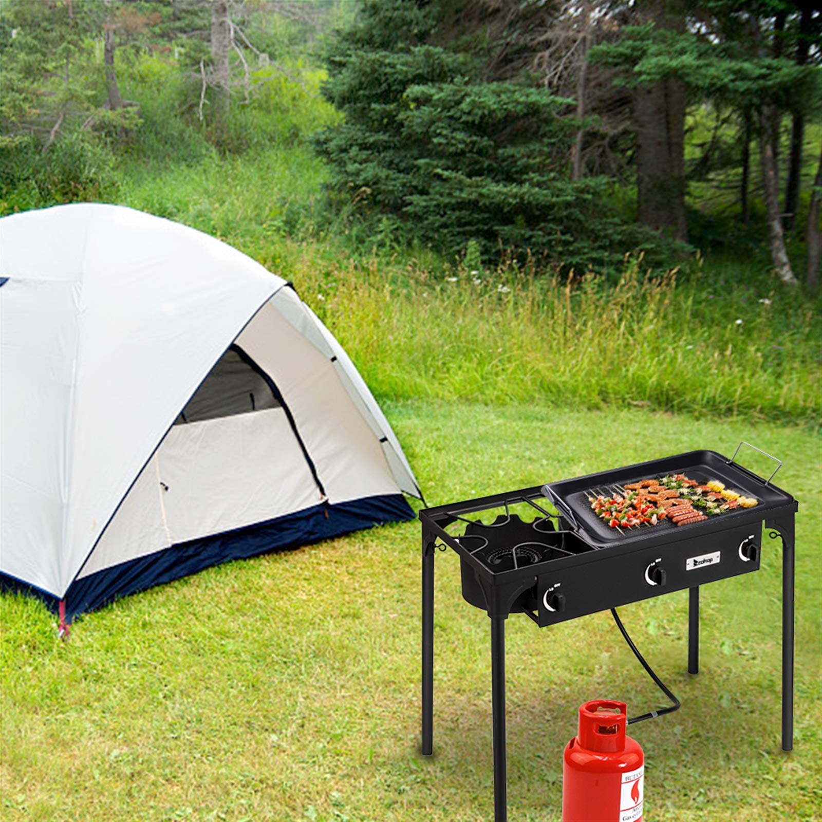 GT4-LY High-Pressure Propane Gas Stove - 225,000 BTU Outdoor Camping Cooker with 3 Cast Iron Burners | Portable Patio Grill for Backpacking, Tailgating & RV Cooking