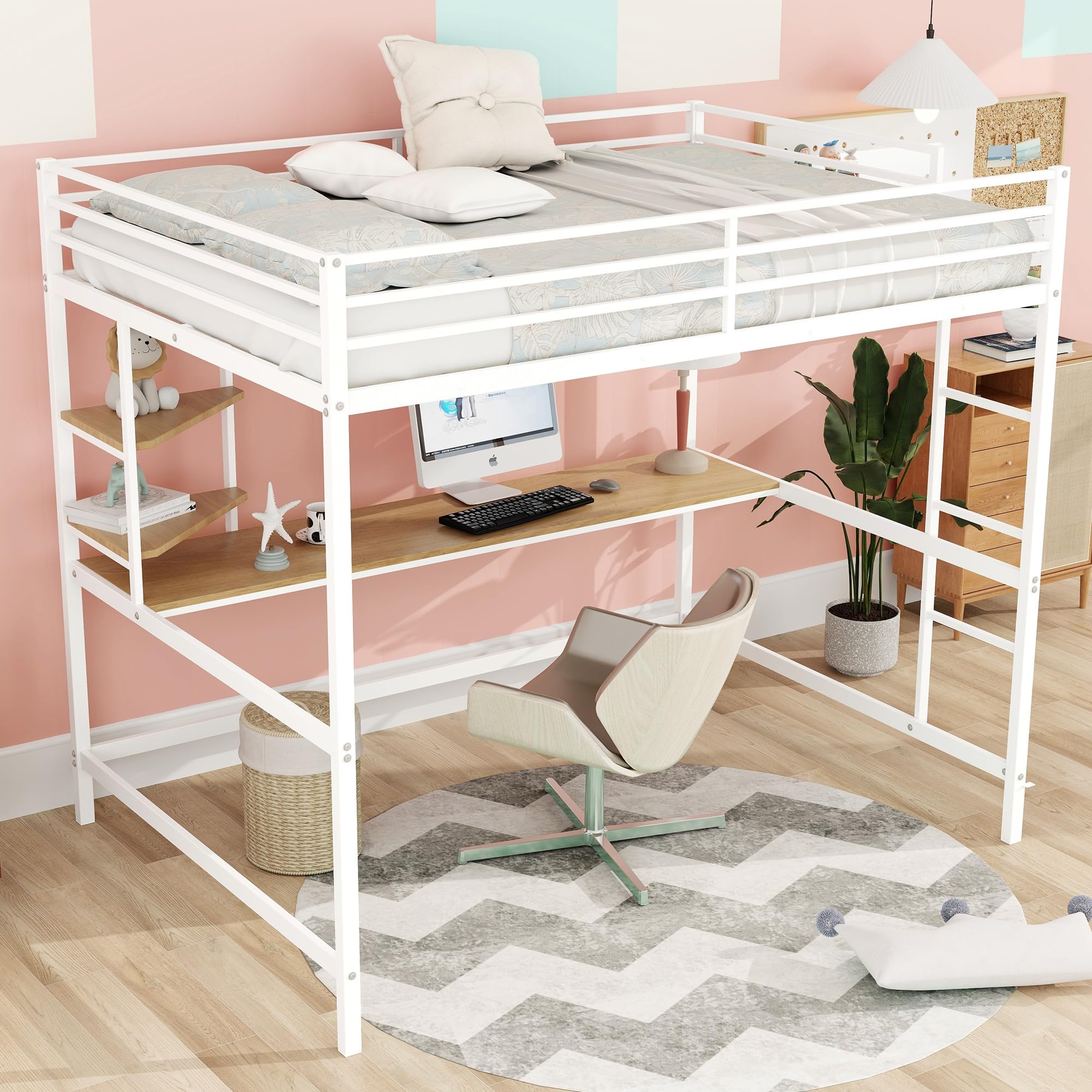 Full Size Loft Bed with Study Desk & Storage Shelves - Heavy Duty Metal Frame Loft Bed for Kids & Teens - Space Saving Design with Safety Guardrail - Perfect for Small Bedrooms, Dorms & Studio Apartments (White)