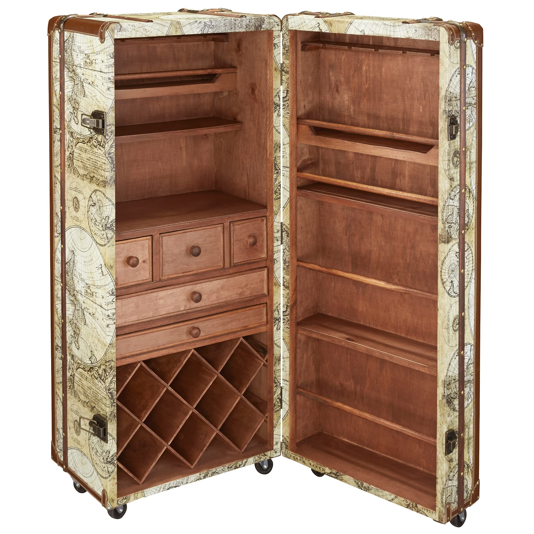 Design Toscano Italian-Style Vintage World Map Cocktail Bar Steamer Trunk - 49.5 Inch Full Color Wooden Storage Chest - Perfect for Home Bar, Man Cave Decor & Themed Party Supplies